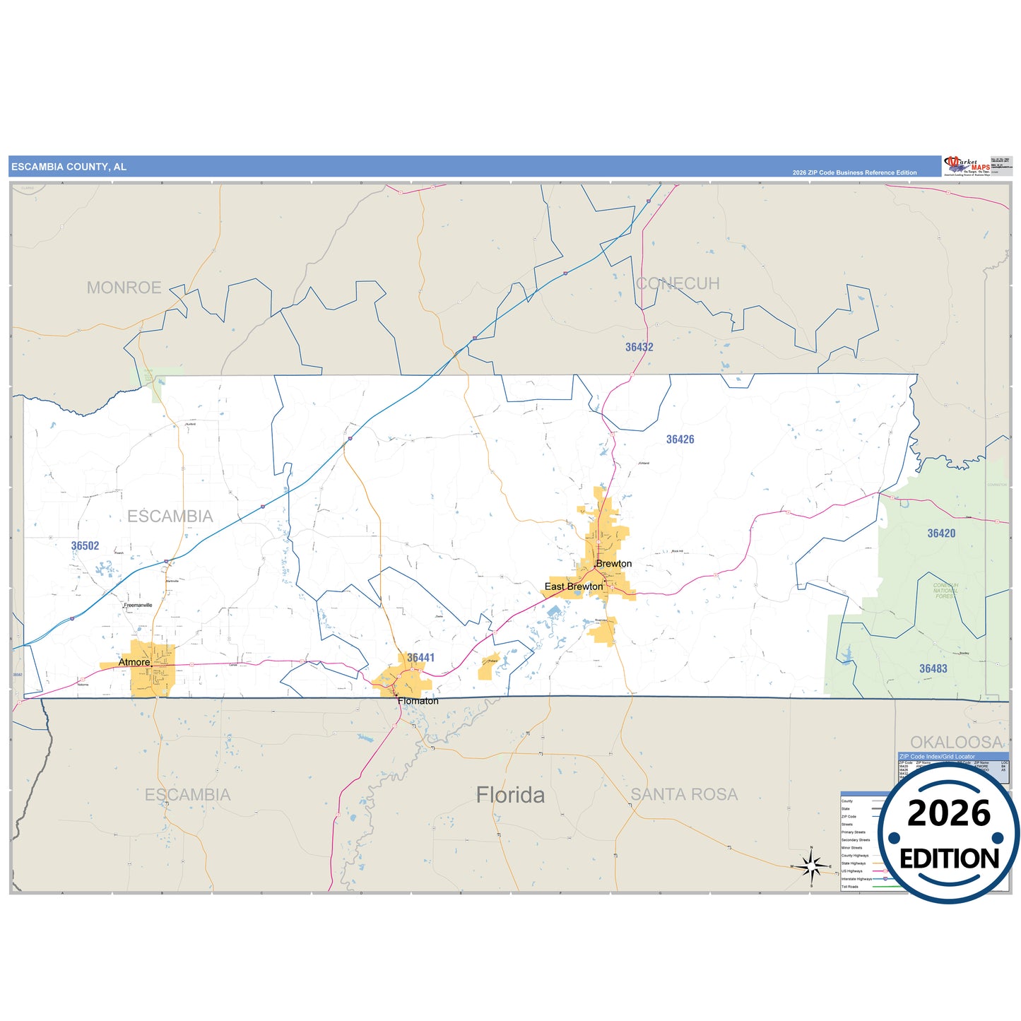 Escambia County, AL Business Reference 5 Digit ZIP Code Wall Map