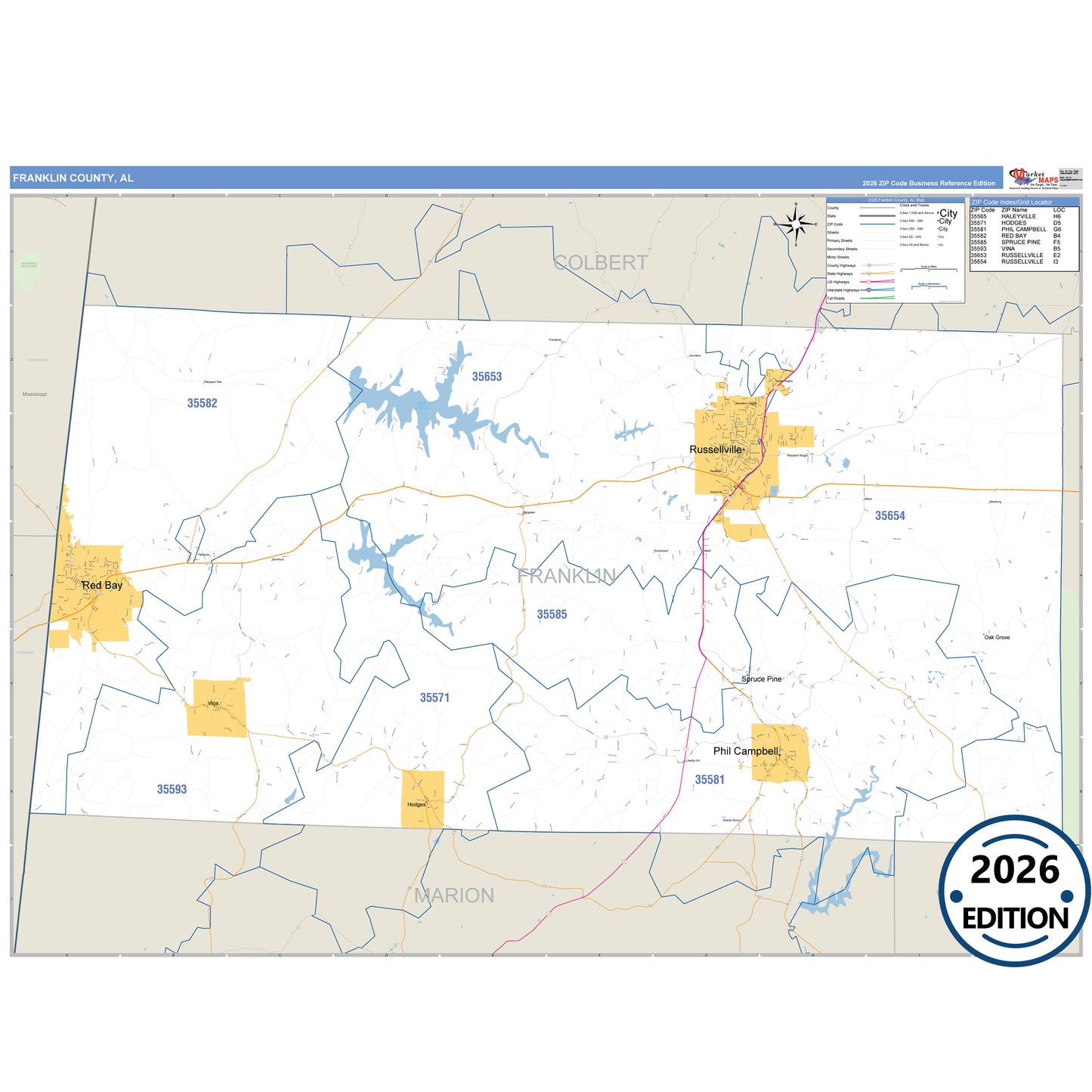 Franklin County, AL Business Reference 5 Digit ZIP Code Wall Map
