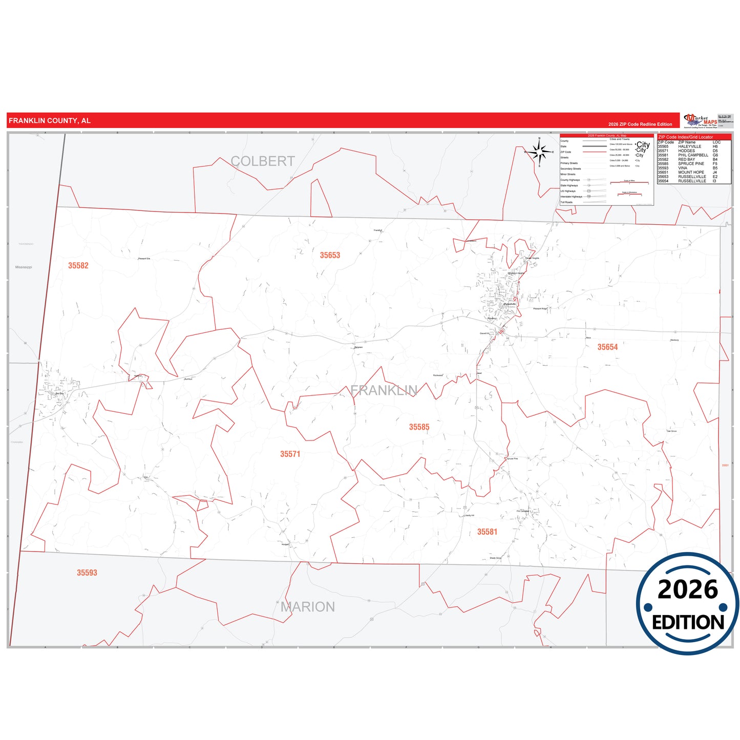 Franklin County, AL Red Line 5 Digit ZIP Code Wall Map