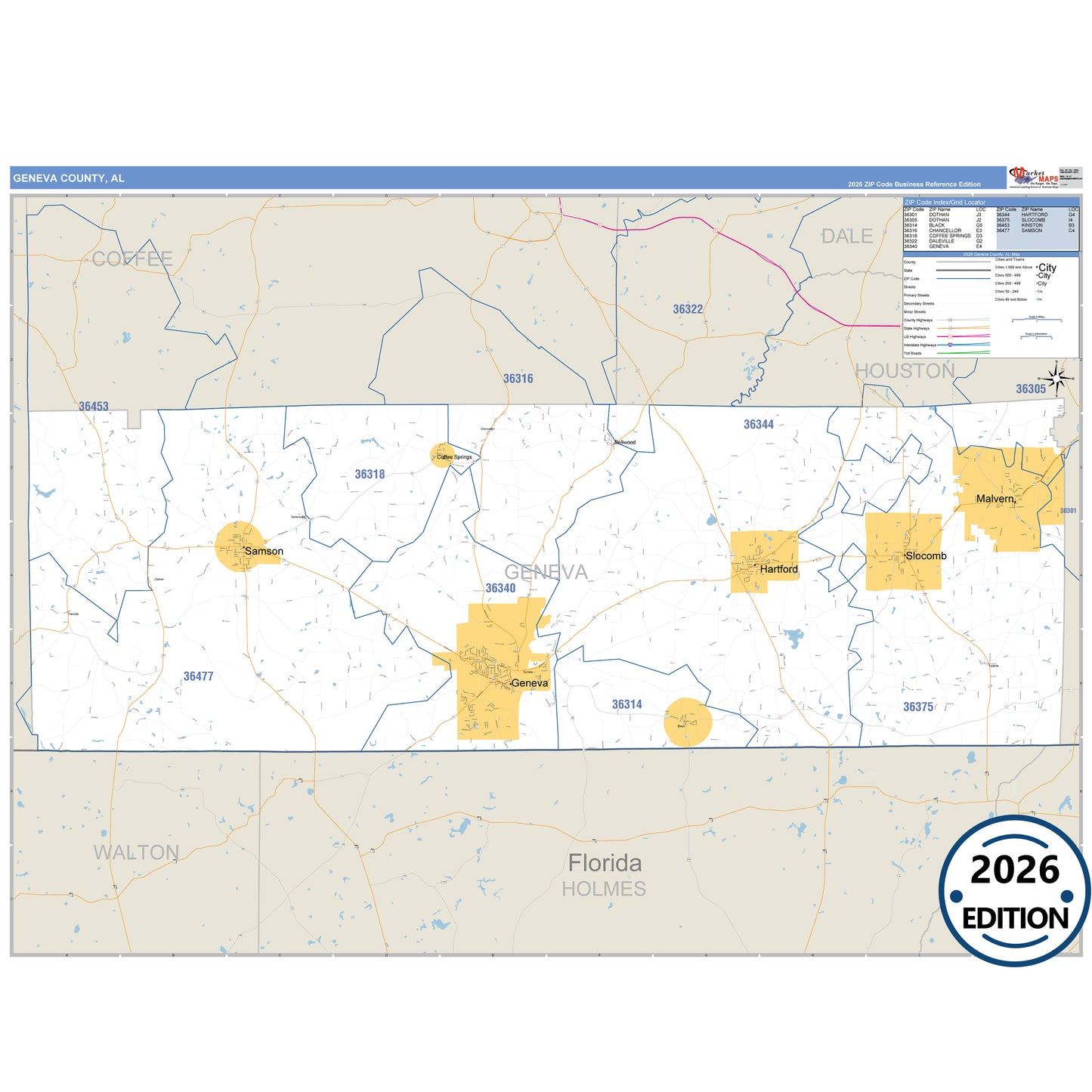 Geneva County, AL Business Reference map with detailed roads, cities, and ZIP code boundaries.