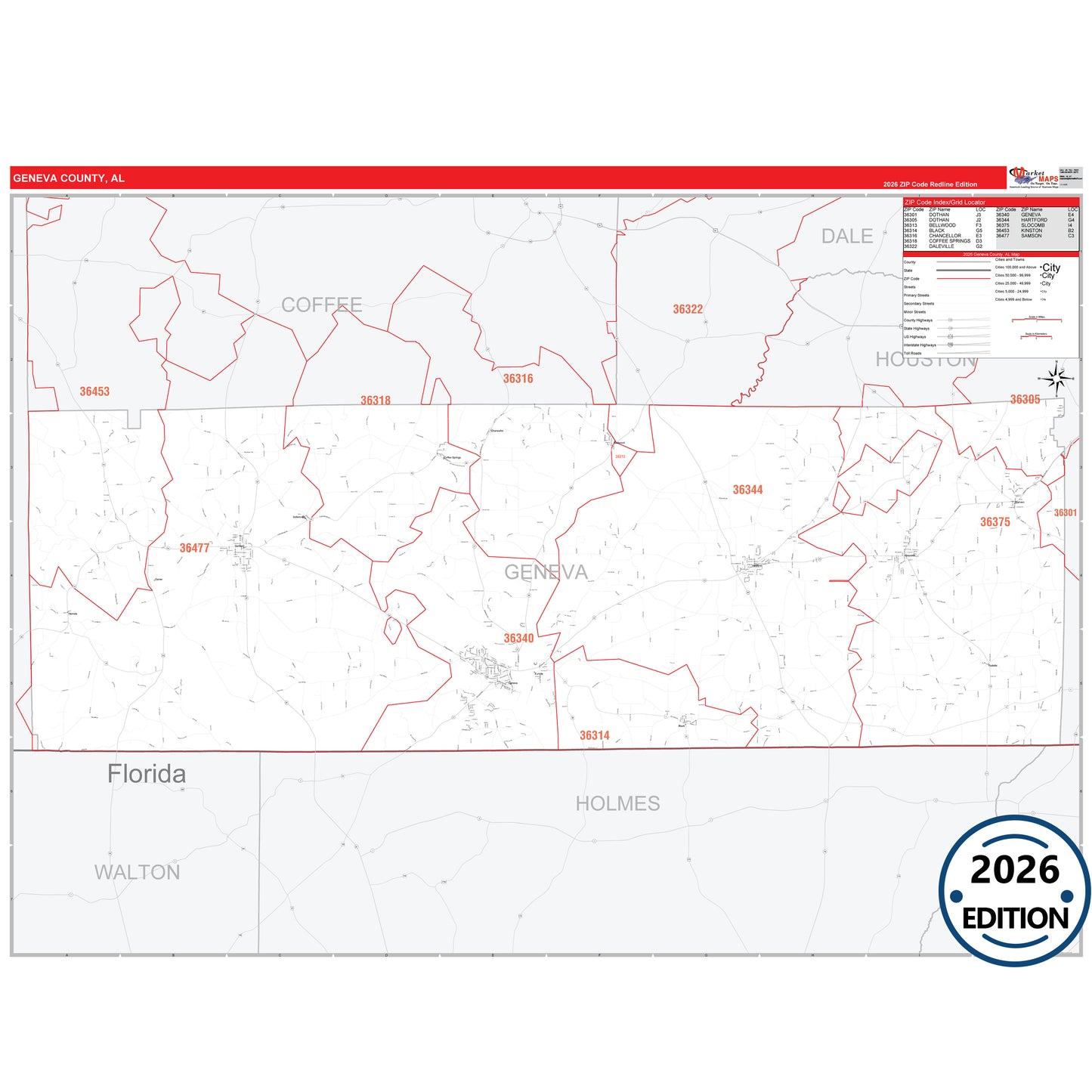 Geneva County, AL Red Line 5 Digit ZIP Code Wall Map