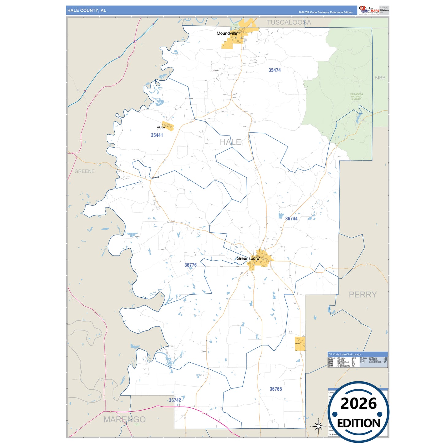 Hale County, AL Business Reference 5 Digit ZIP Code Wall Map