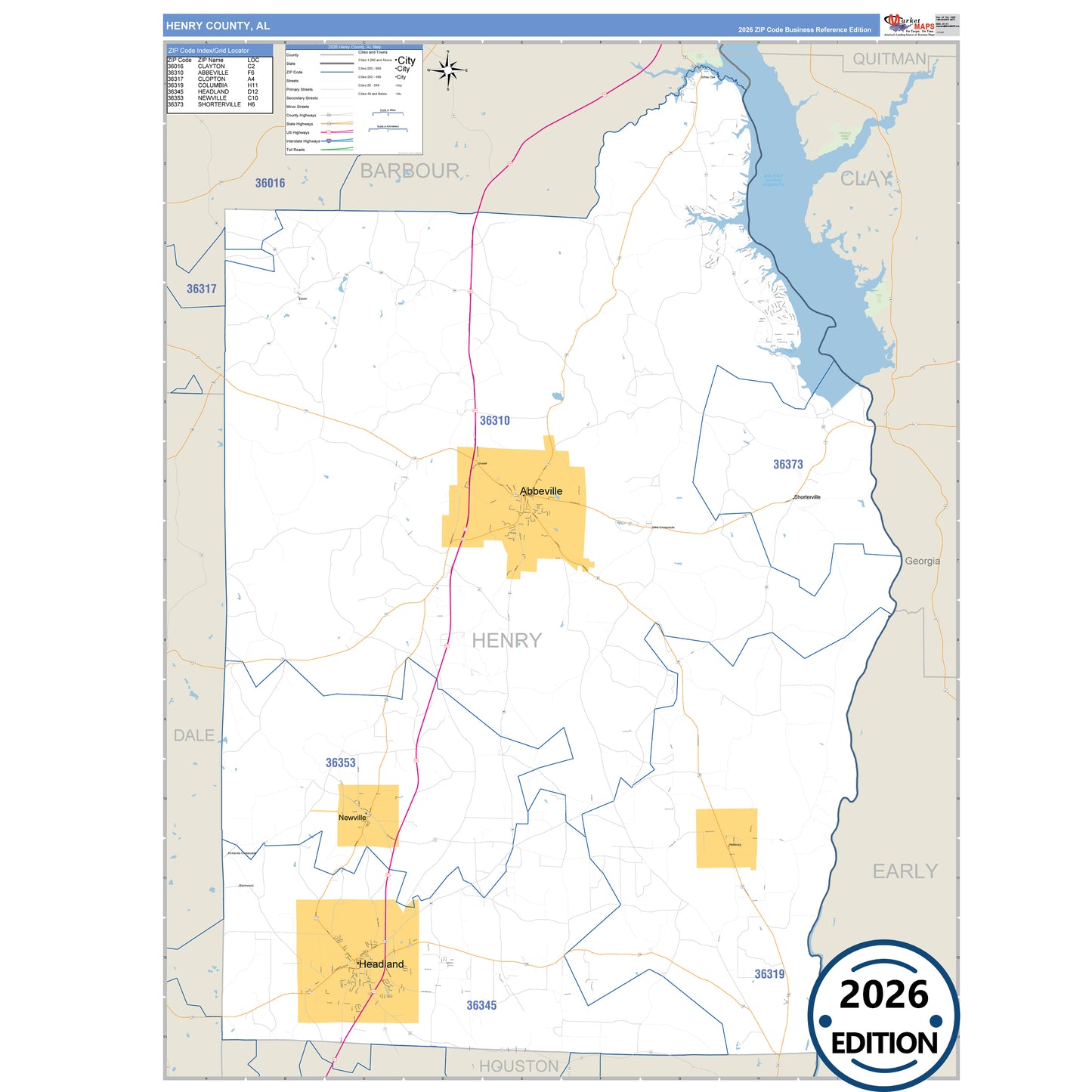 Henry County, AL Business Reference 5 Digit ZIP Code Wall Map