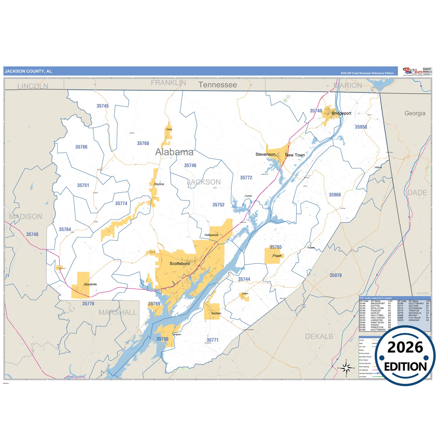 Jackson County, AL Business Reference 5 Digit ZIP Code Wall Map