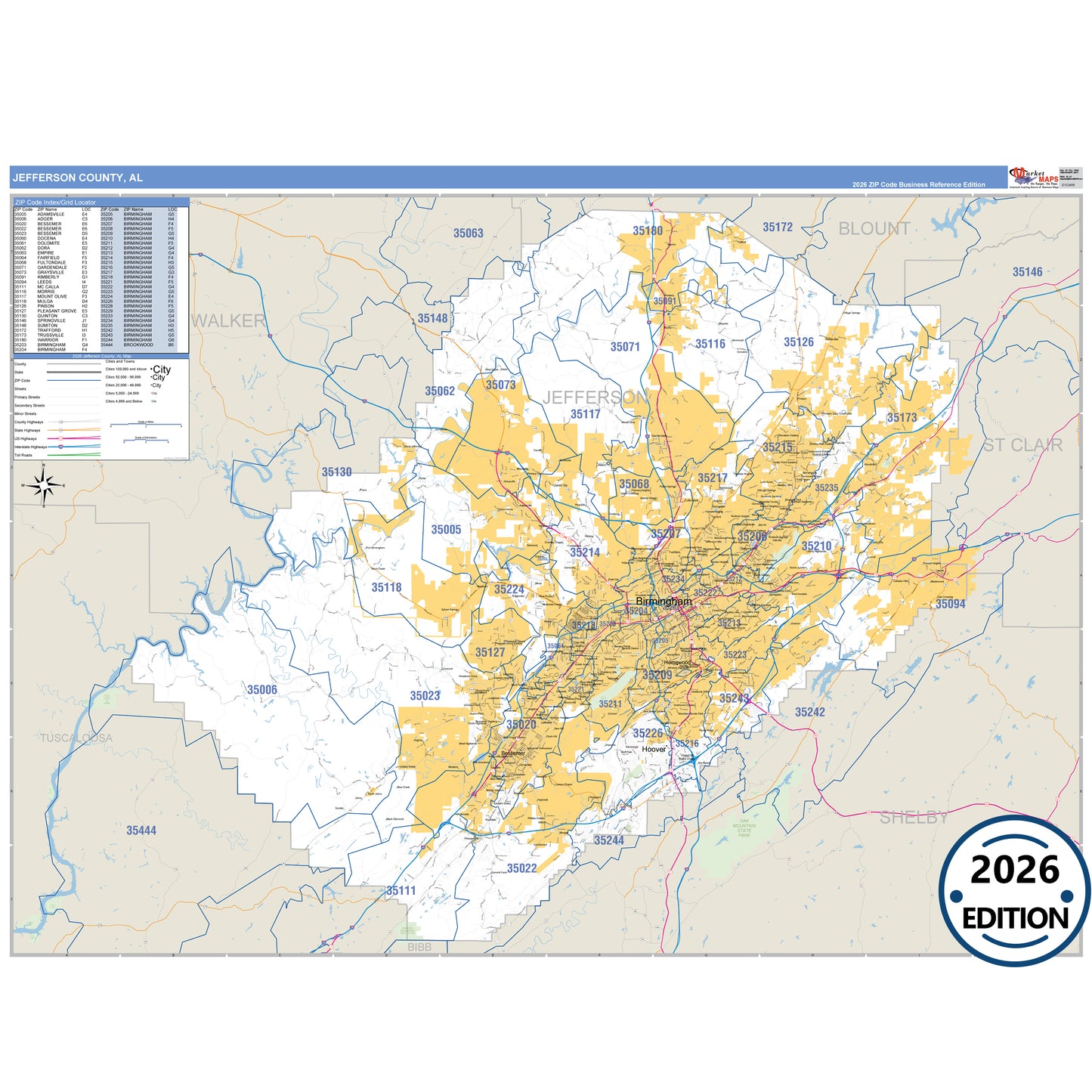 Jefferson County, AL Business Reference 5 Digit ZIP Code Wall Map