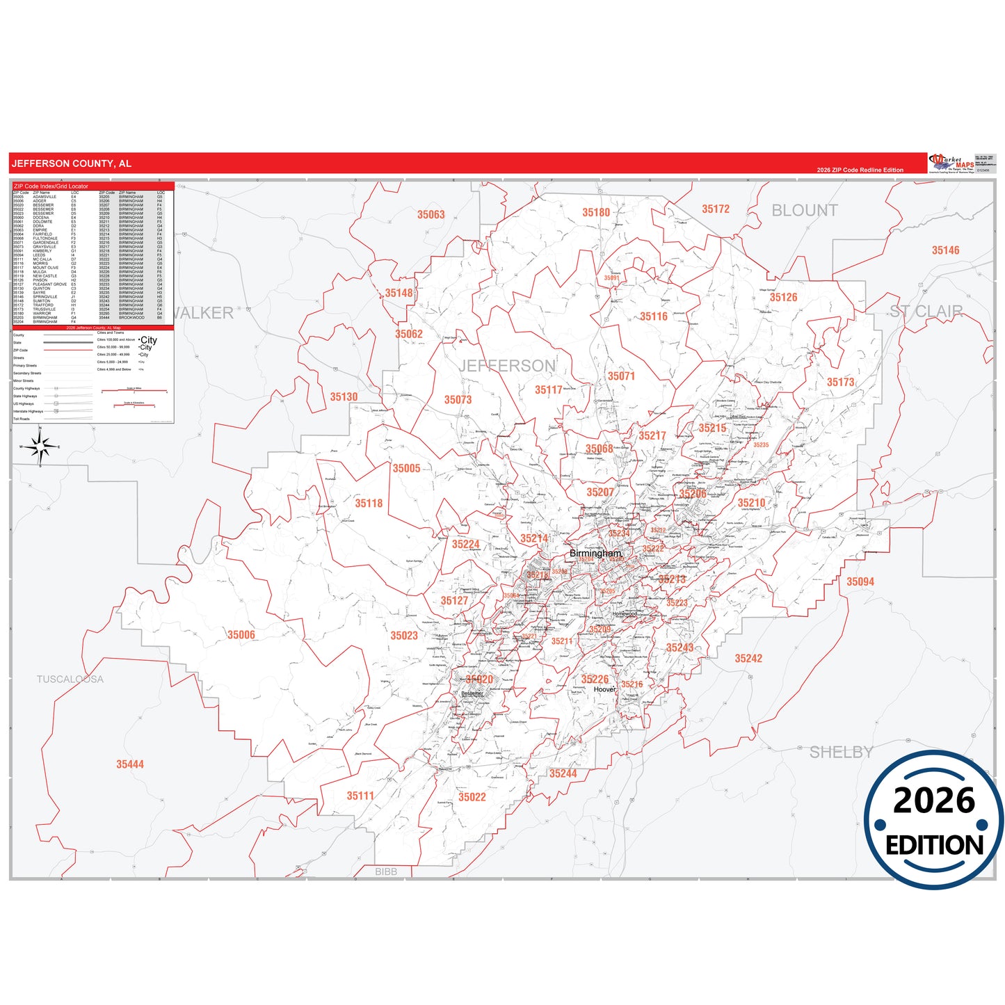 Jefferson County, AL Red Line 5 Digit ZIP Code Wall Map