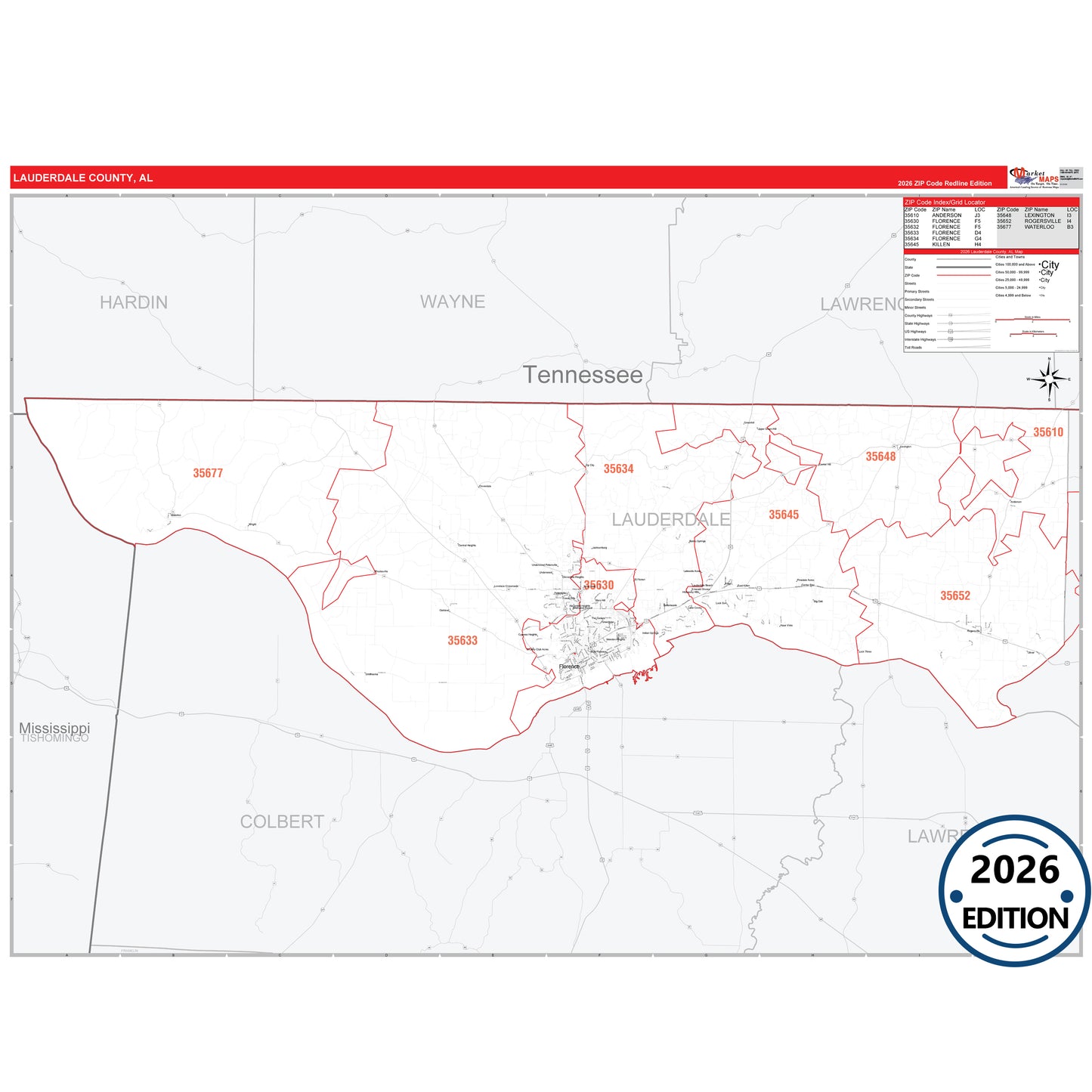 Lauderdale County, AL Red Line 5 Digit ZIP Code Wall Map