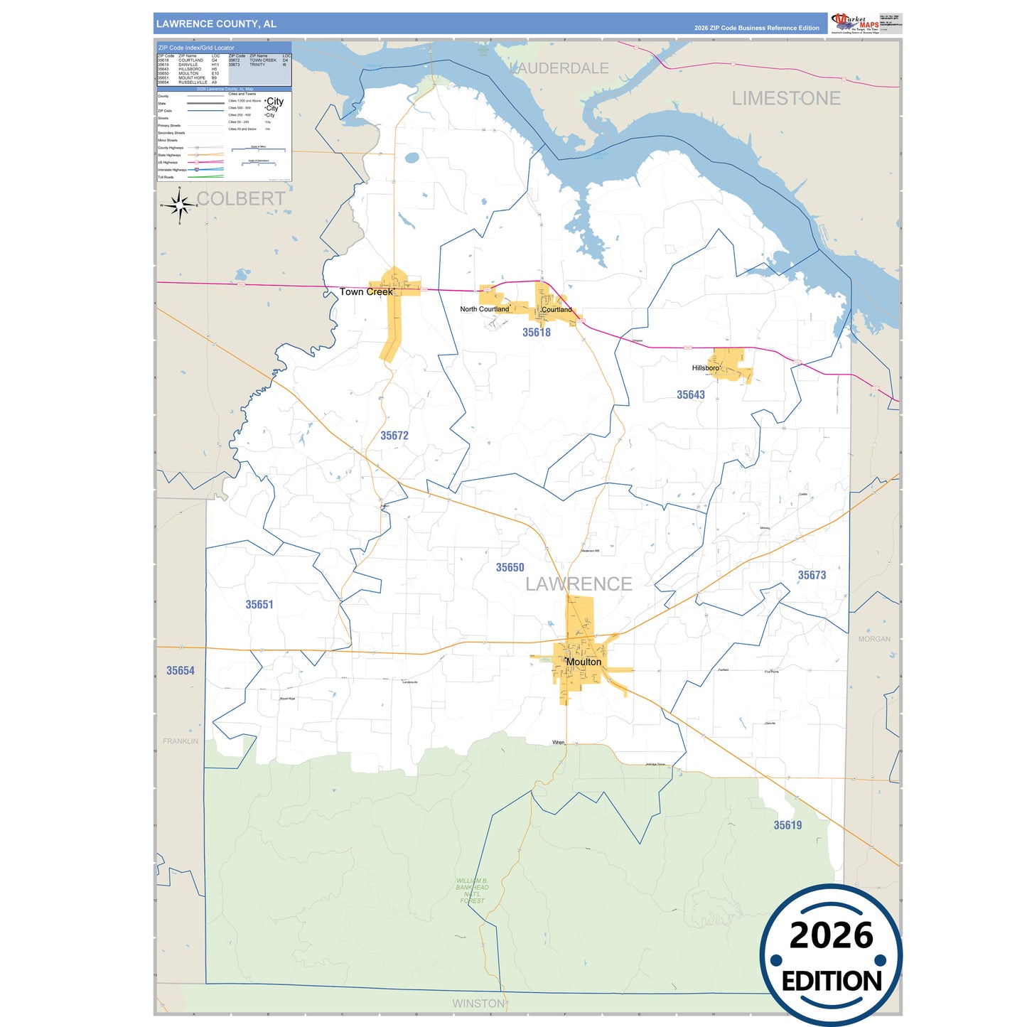 Lawrence County, AL Business Reference 5 Digit ZIP Code Wall Map