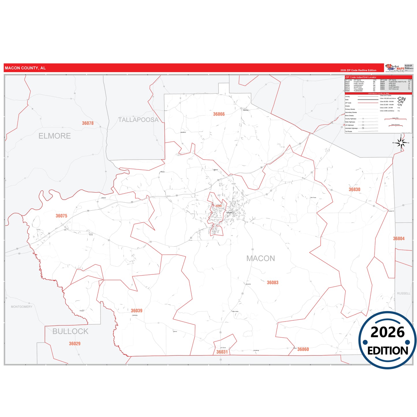 Macon County, AL Red Line 5 Digit ZIP Code Wall Map