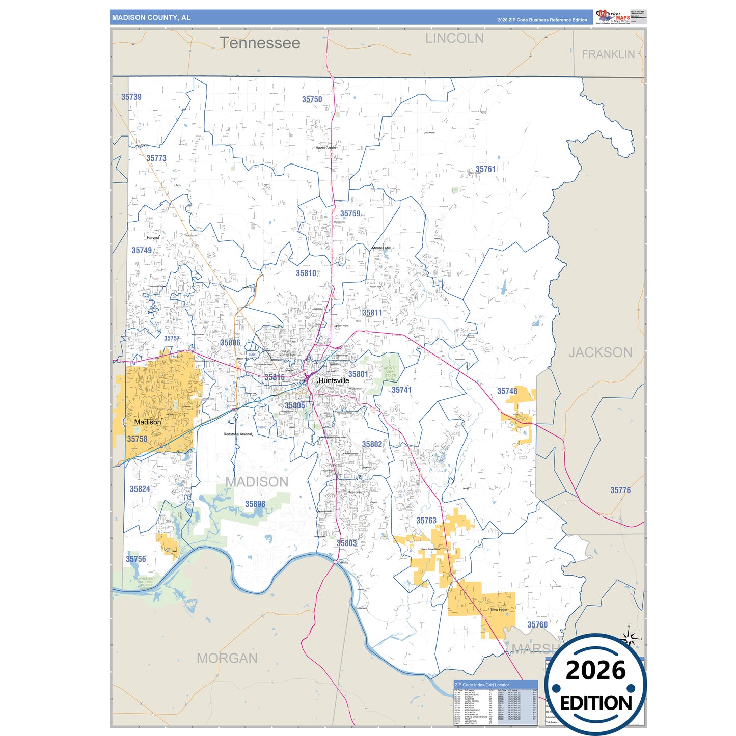 Madison County, AL Business Reference 5 Digit ZIP Code Wall Map