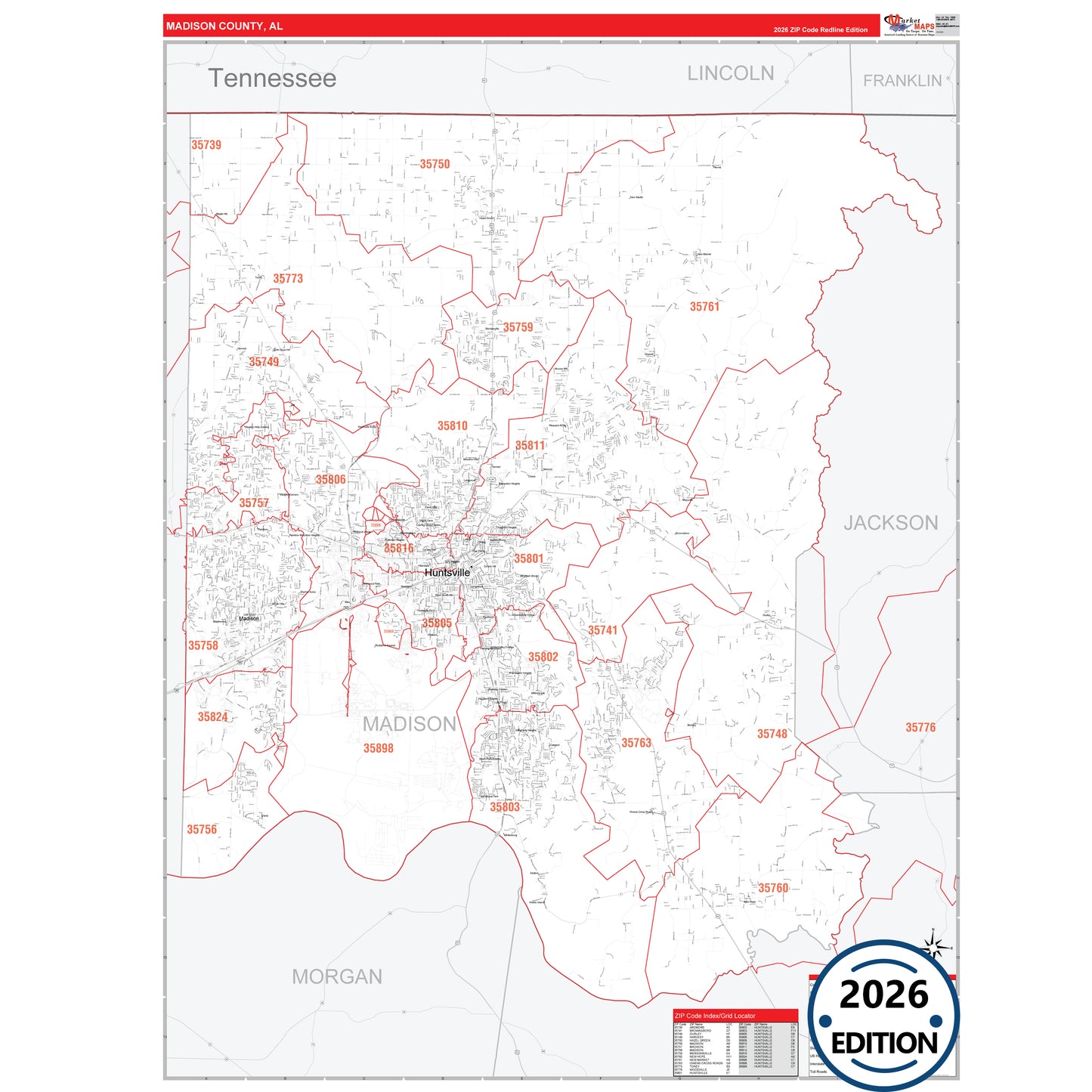 Madison County, AL Red Line 5 Digit ZIP Code Wall Map