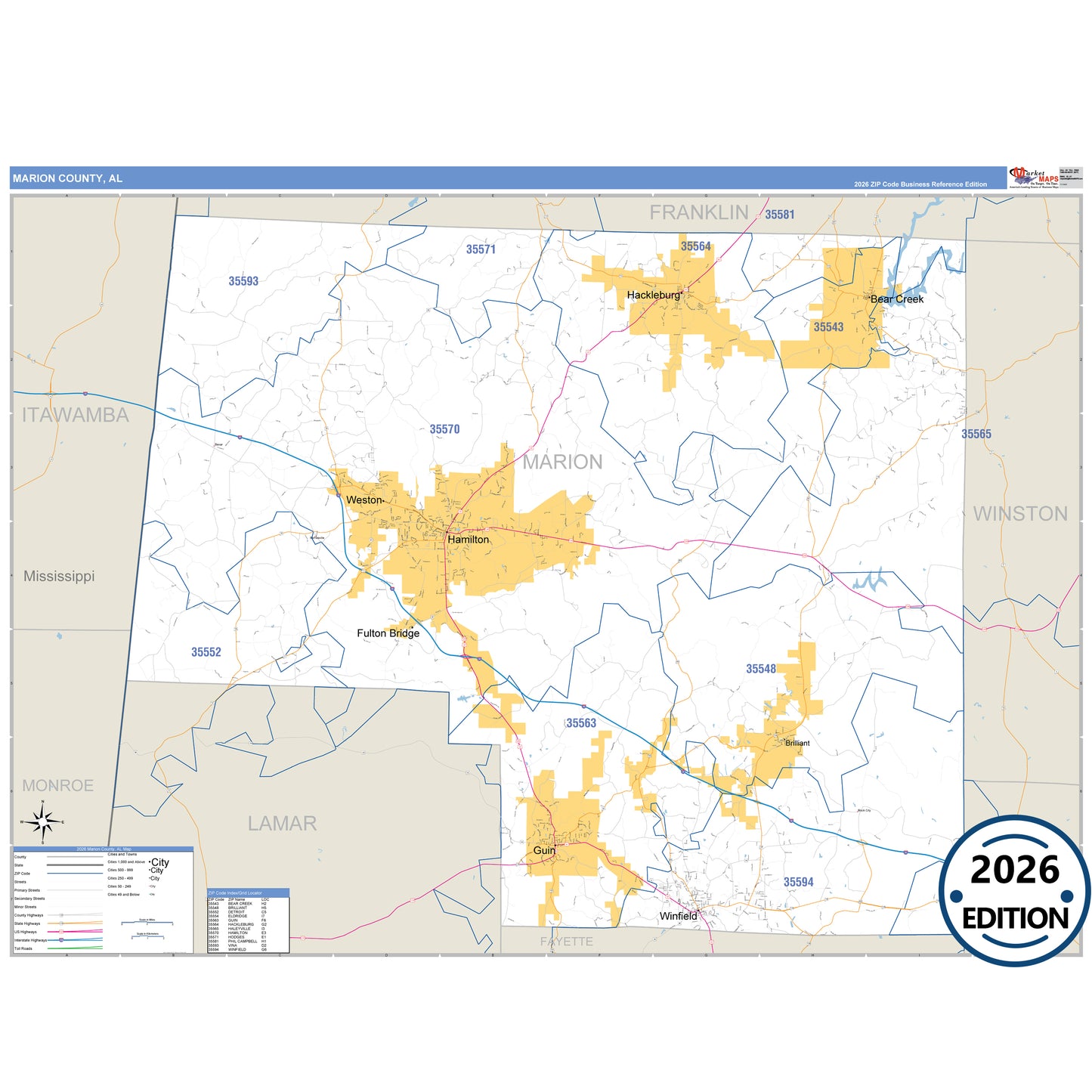 Marion County, AL Business Reference 5 Digit ZIP Code Wall Map