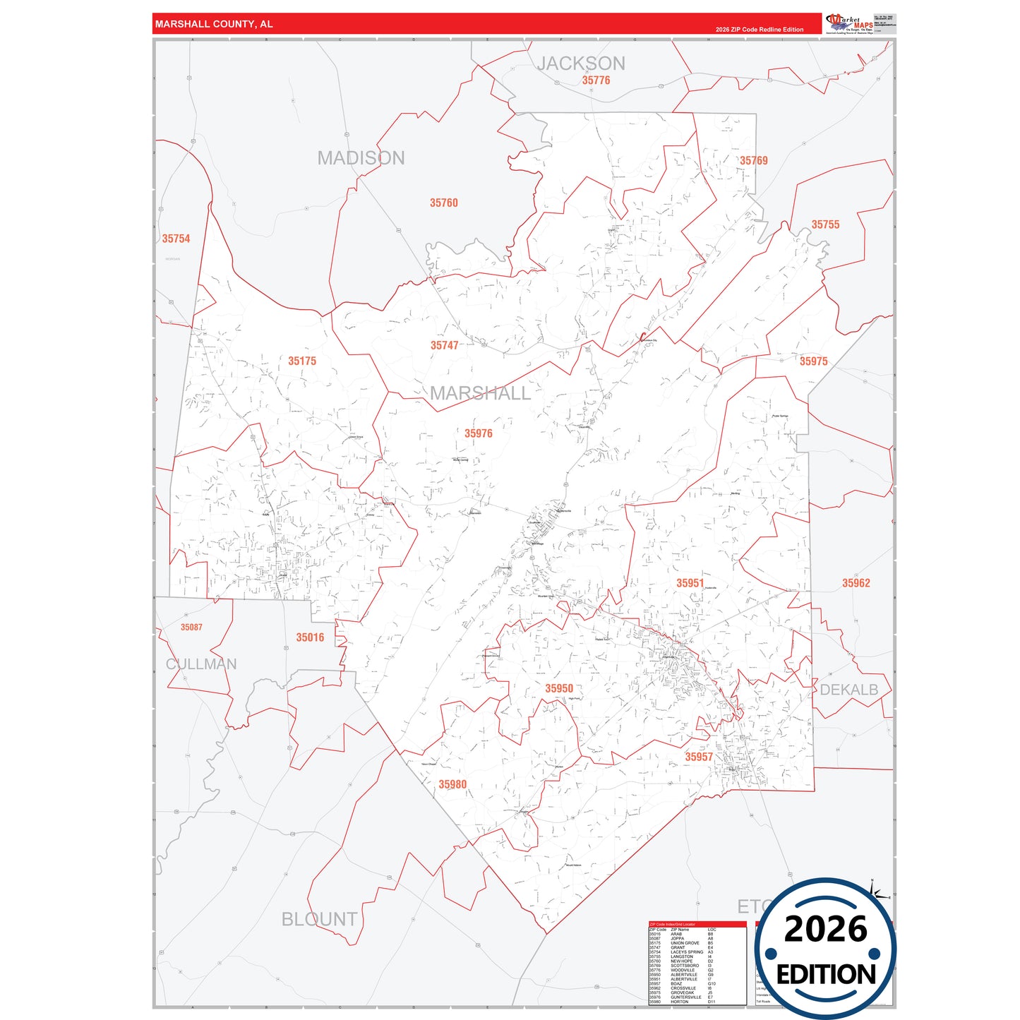 Marshall County, AL Red Line 5 Digit ZIP Code Wall Map