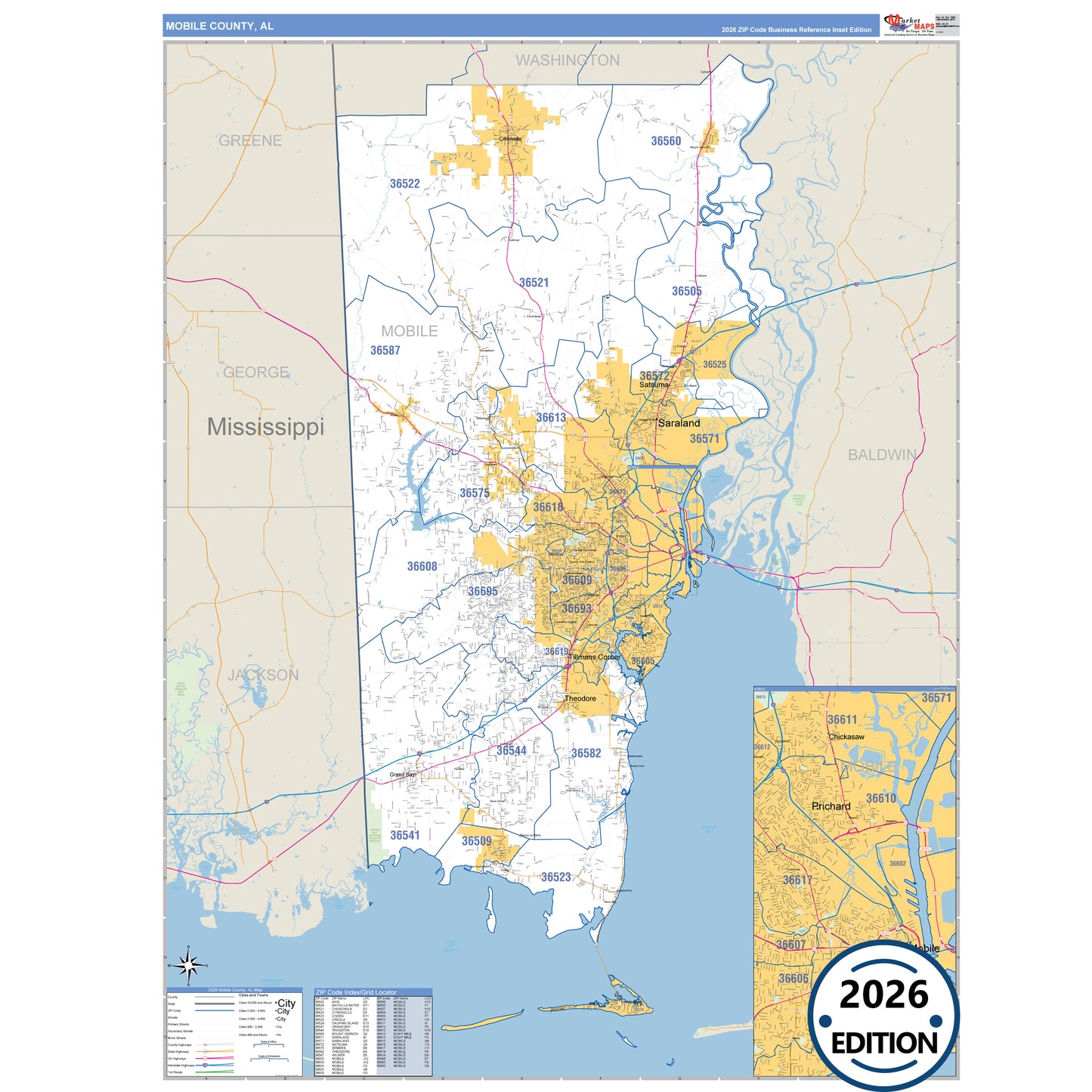 Mobile County, AL Business Reference 5 Digit ZIP Code Wall Map