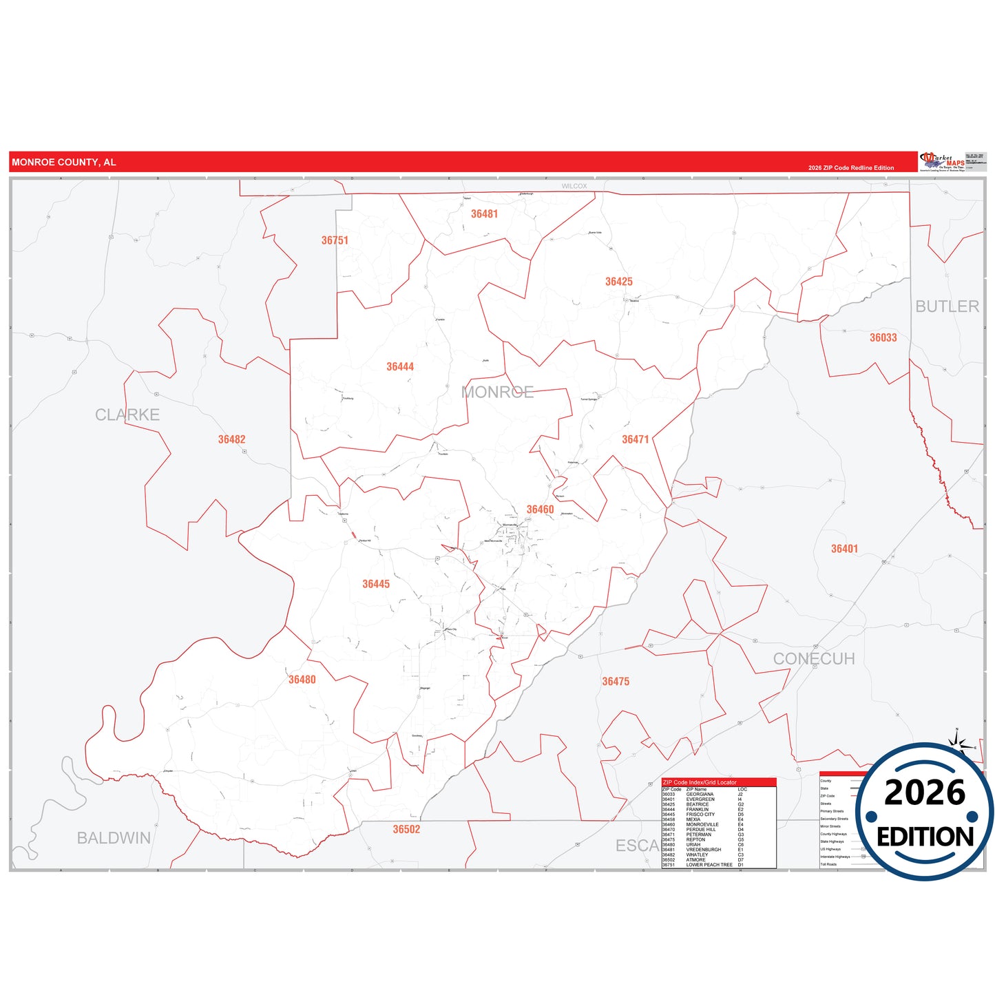Monroe County, AL Red Line 5 Digit ZIP Code Wall Map