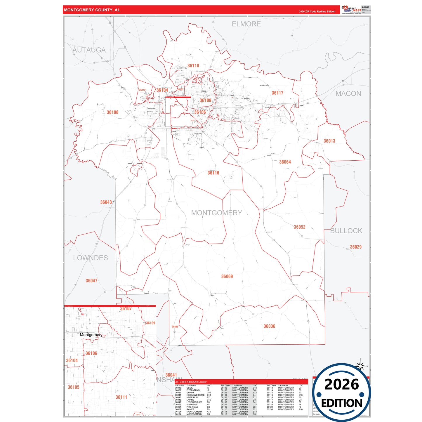 Montgomery County, AL Red Line 5 Digit ZIP Code Wall Map