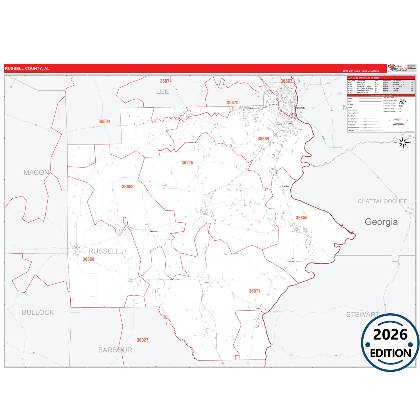 Russell County, AL Red Line 5 Digit ZIP Code Wall Map