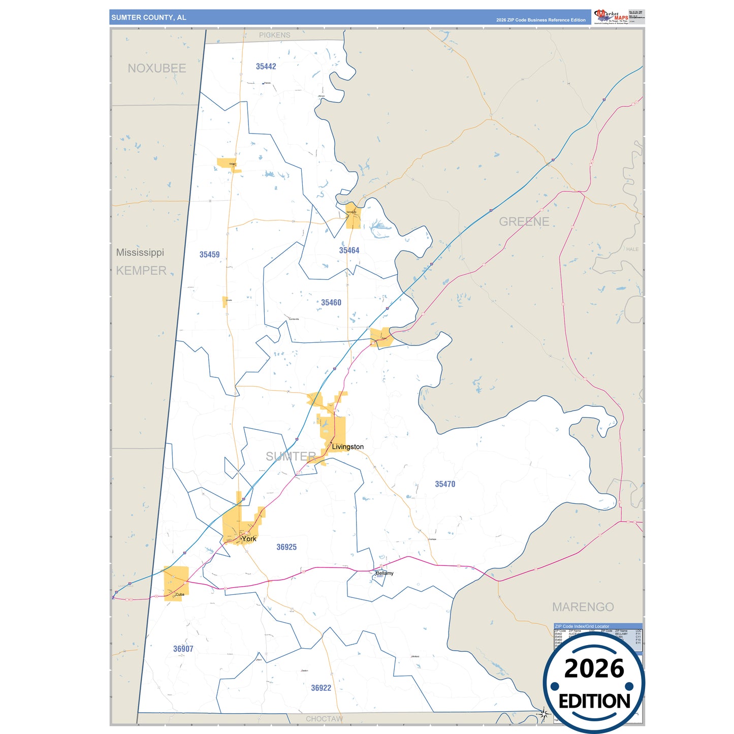 Sumter County, AL Business Reference 5 Digit ZIP Code Wall Map