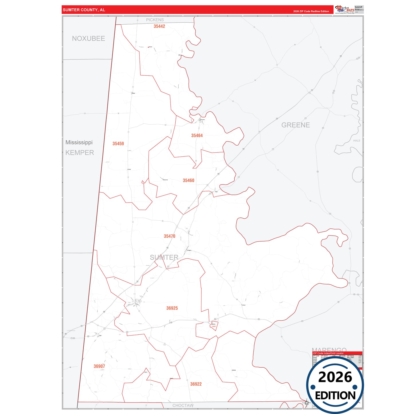 Sumter County, AL Red Line 5 Digit ZIP Code Wall Map