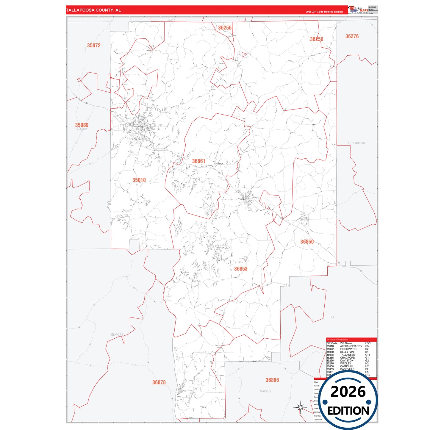 Tallapoosa County, AL Red Line 5 Digit ZIP Code Wall Map