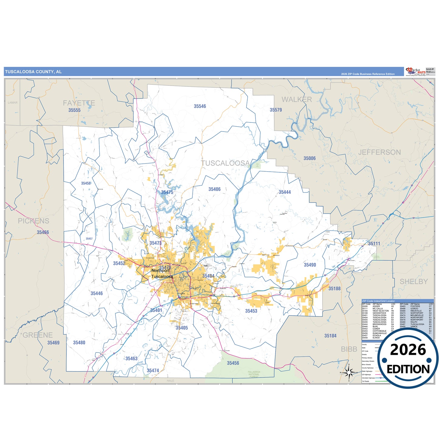 Tuscaloosa County, AL Business Reference 5 Digit ZIP Code Wall Map