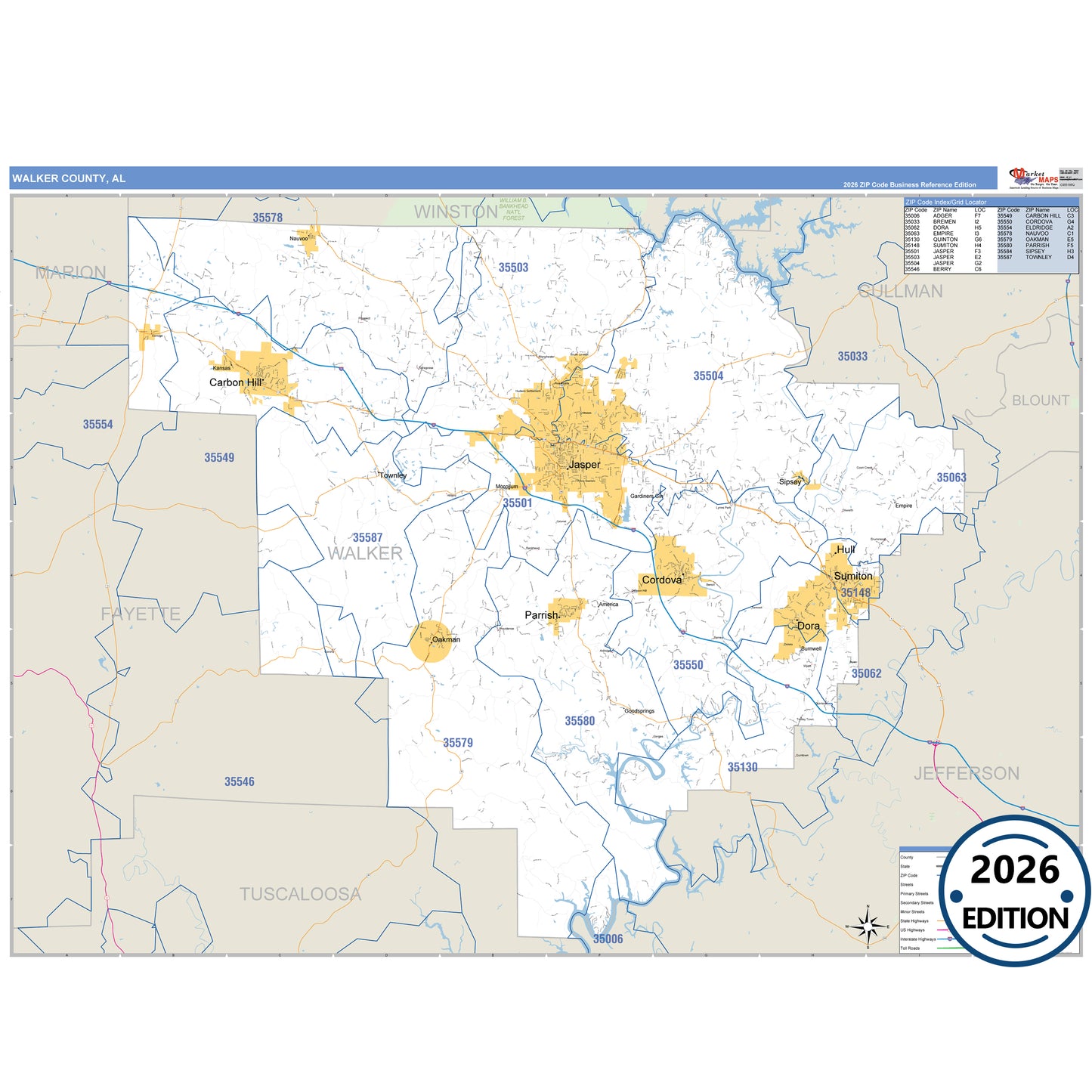 Walker County, AL Business Reference 5 Digit ZIP Code Wall Map