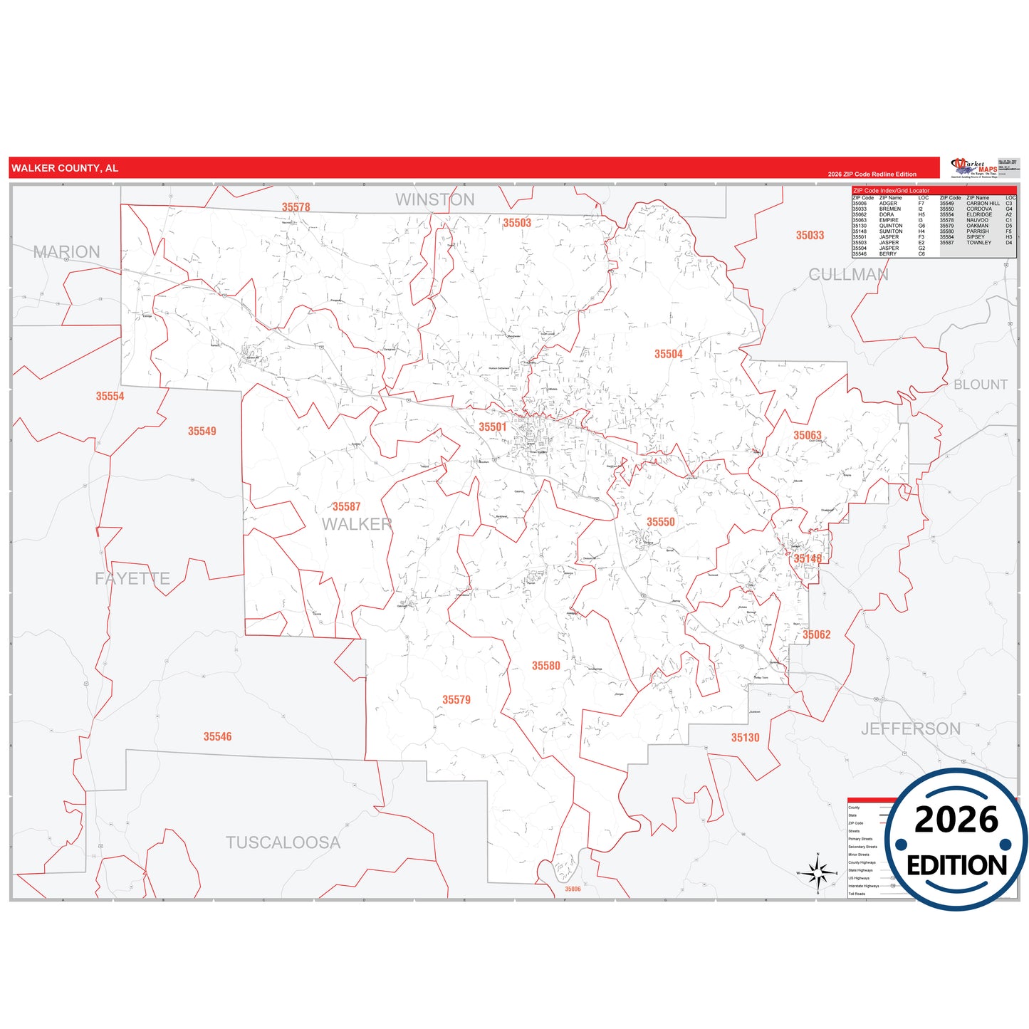 Walker County, AL Red Line 5 Digit ZIP Code Wall Map