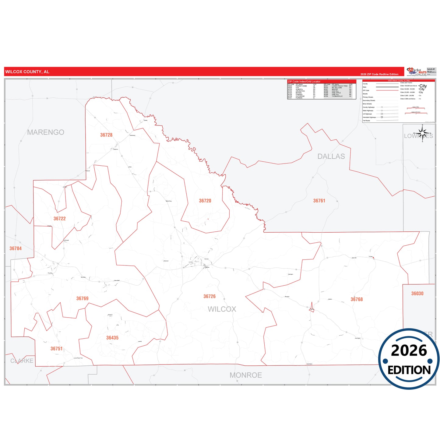 Wilcox County, AL Red Line 5 Digit ZIP Code Wall Map