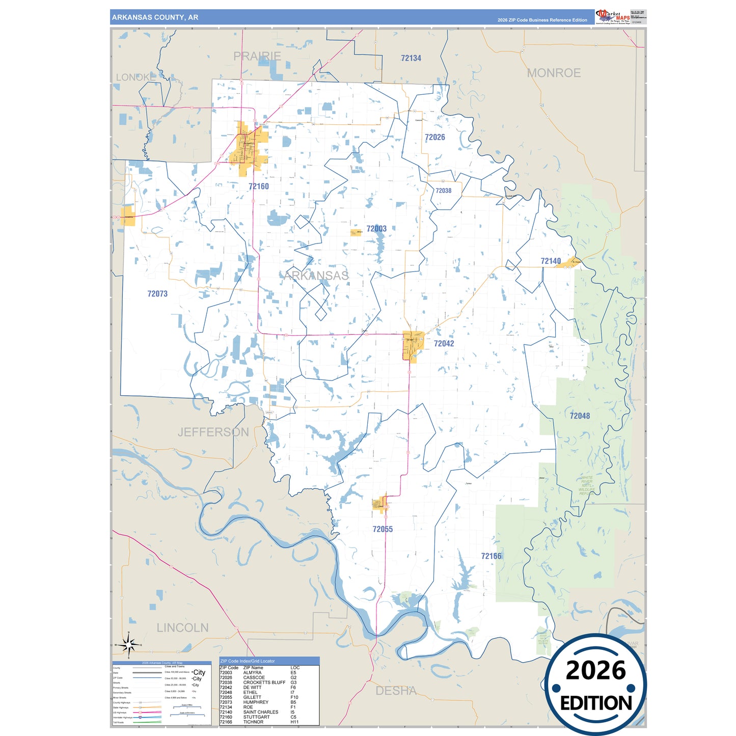 Arkansas County, AR Business Reference 5 Digit ZIP Code Wall Map