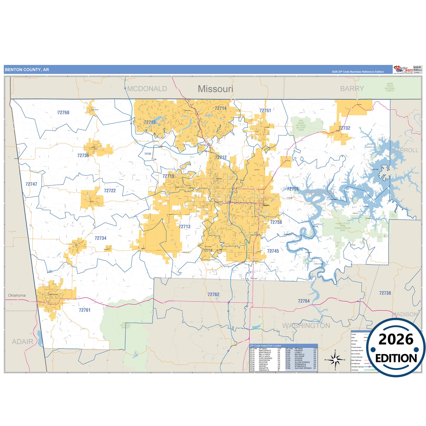 Benton County, AR Business Reference 5 Digit ZIP Code Wall Map