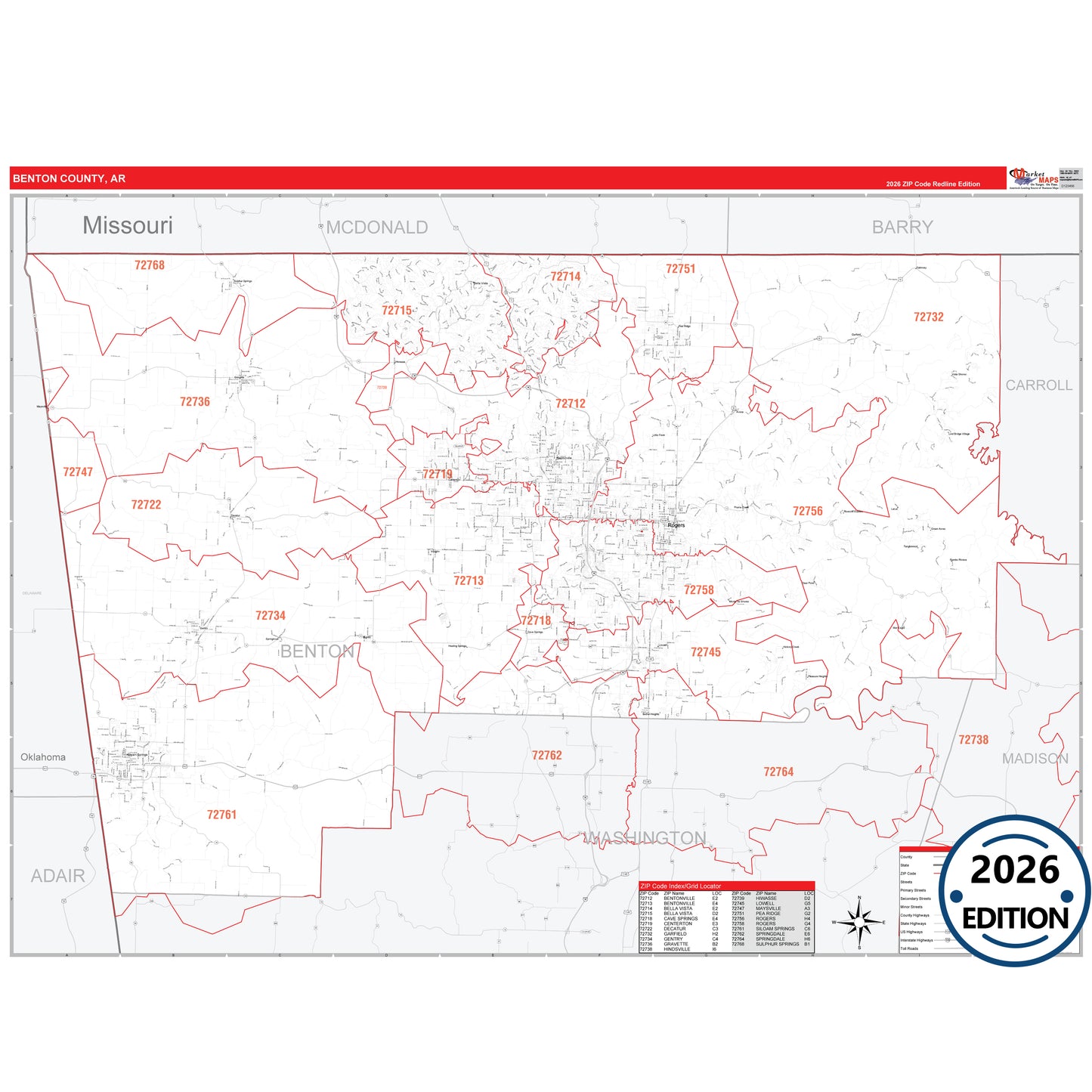 Benton County, AR Red Line 5 Digit ZIP Code Wall Map