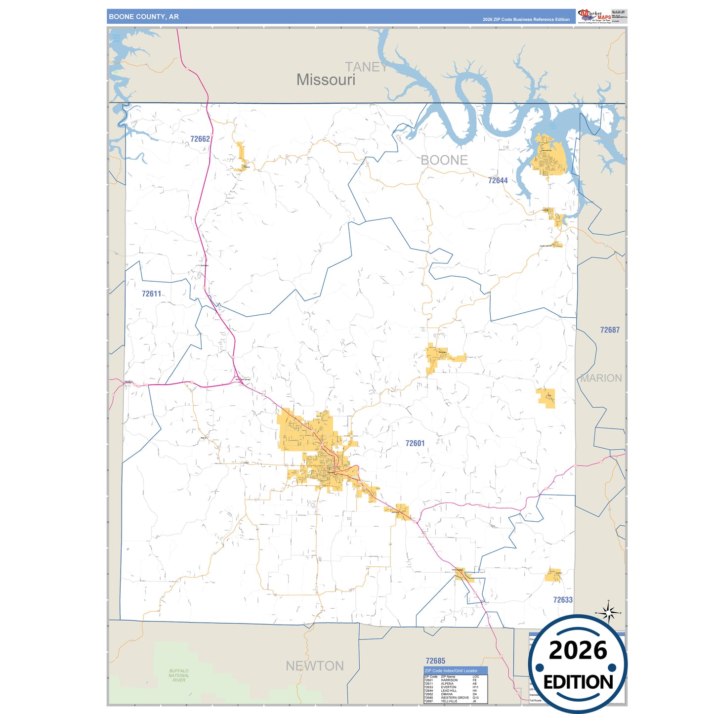 Boone County, AR Business Reference 5 Digit ZIP Code Wall Map
