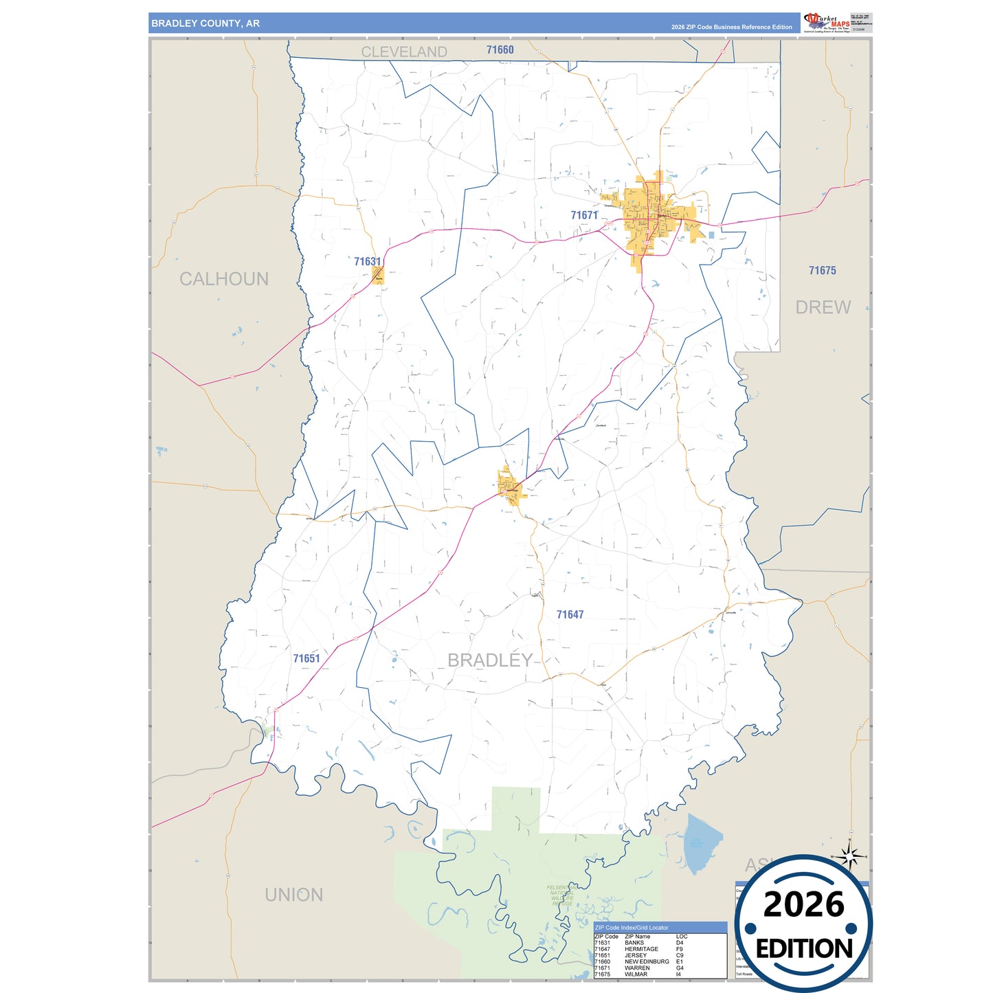 Bradley County, AR Business Reference 5 Digit ZIP Code Wall Map
