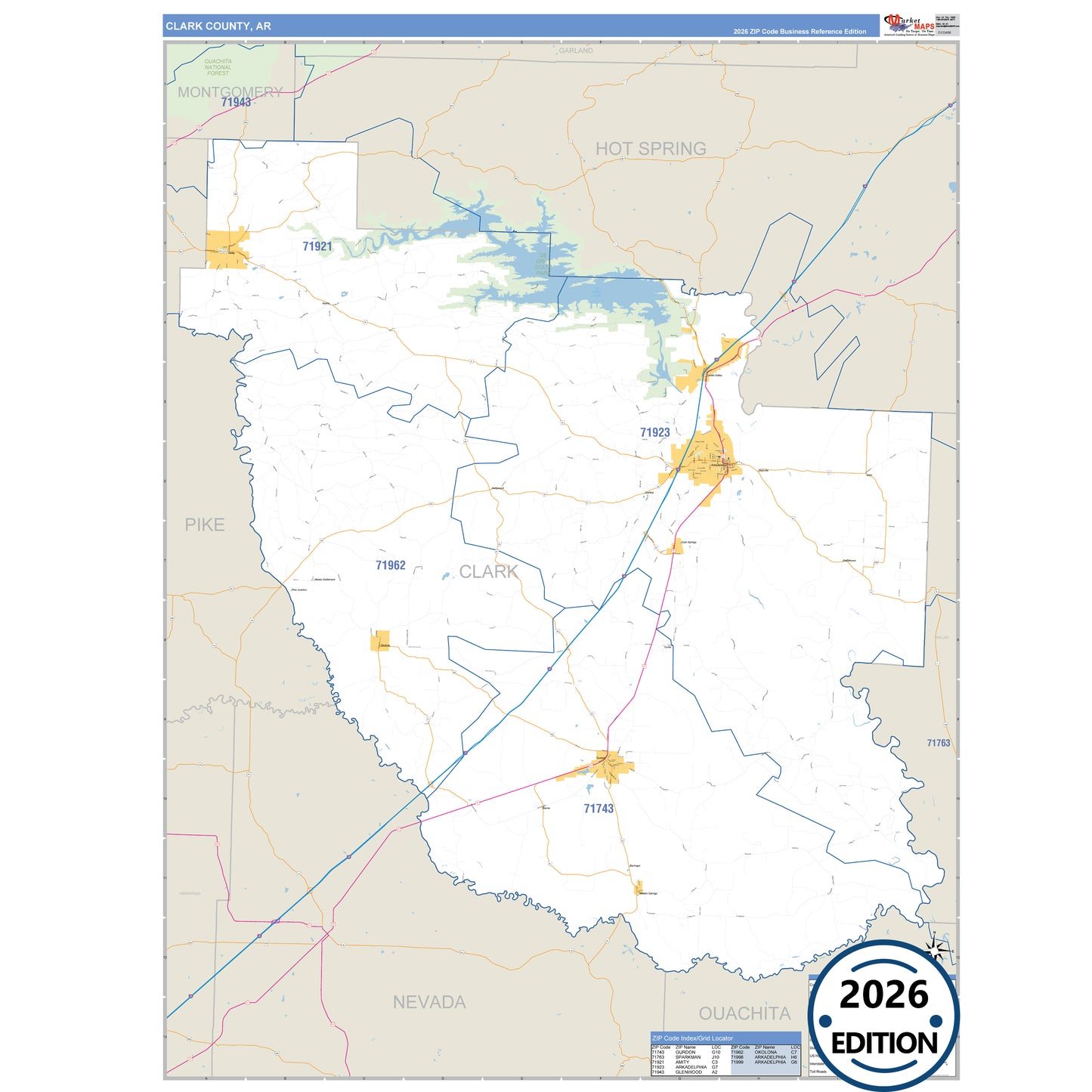 Clark County, AR Business Reference 5 Digit ZIP Code Wall Map