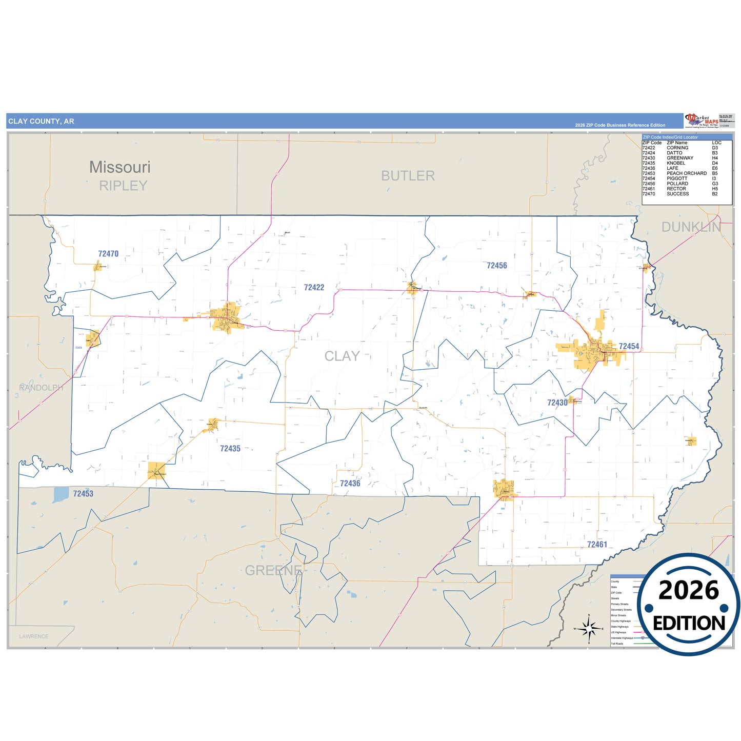 Clay County, AR Business Reference 5 Digit ZIP Code Wall Map
