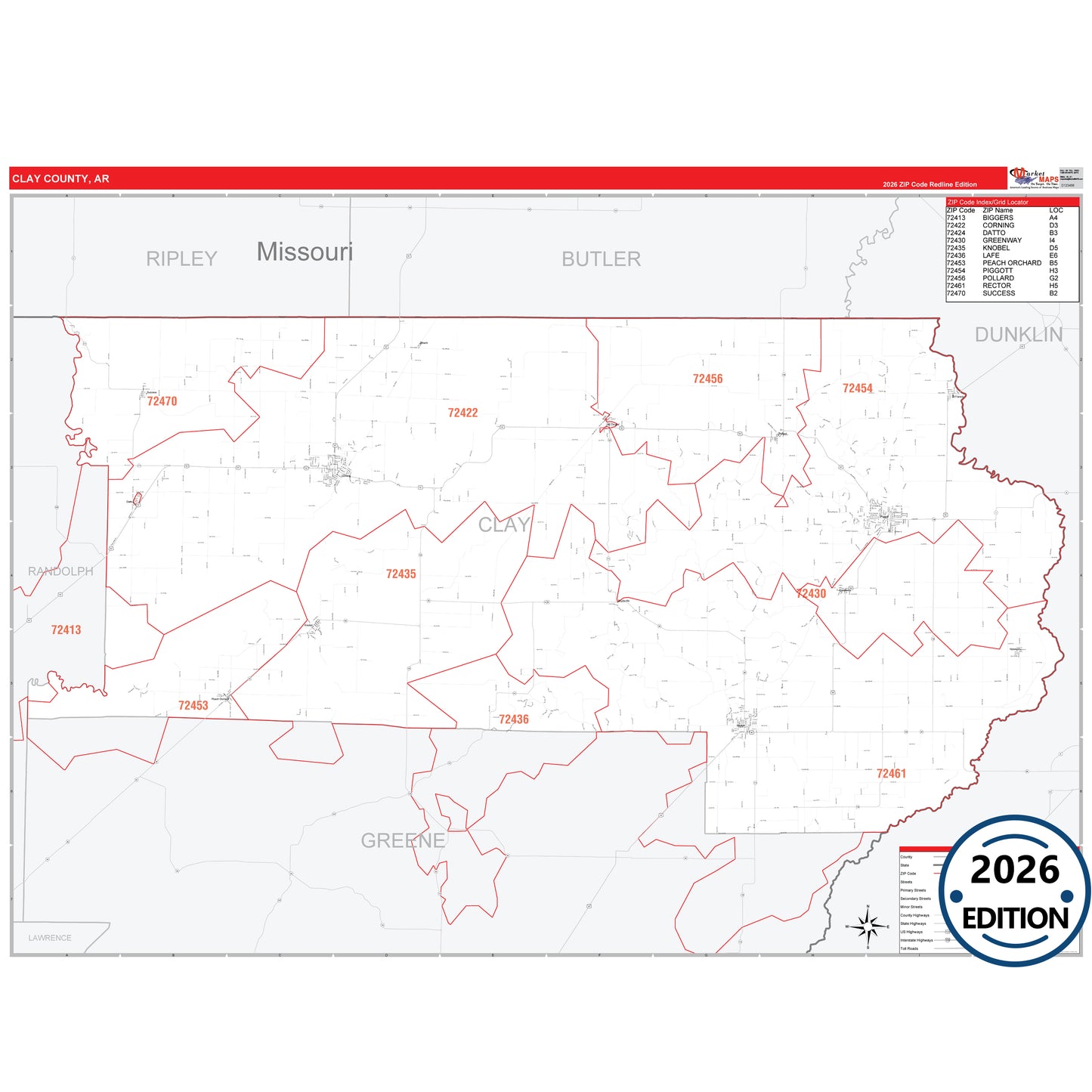 Clay County, AR Red Line 5 Digit ZIP Code Wall Map