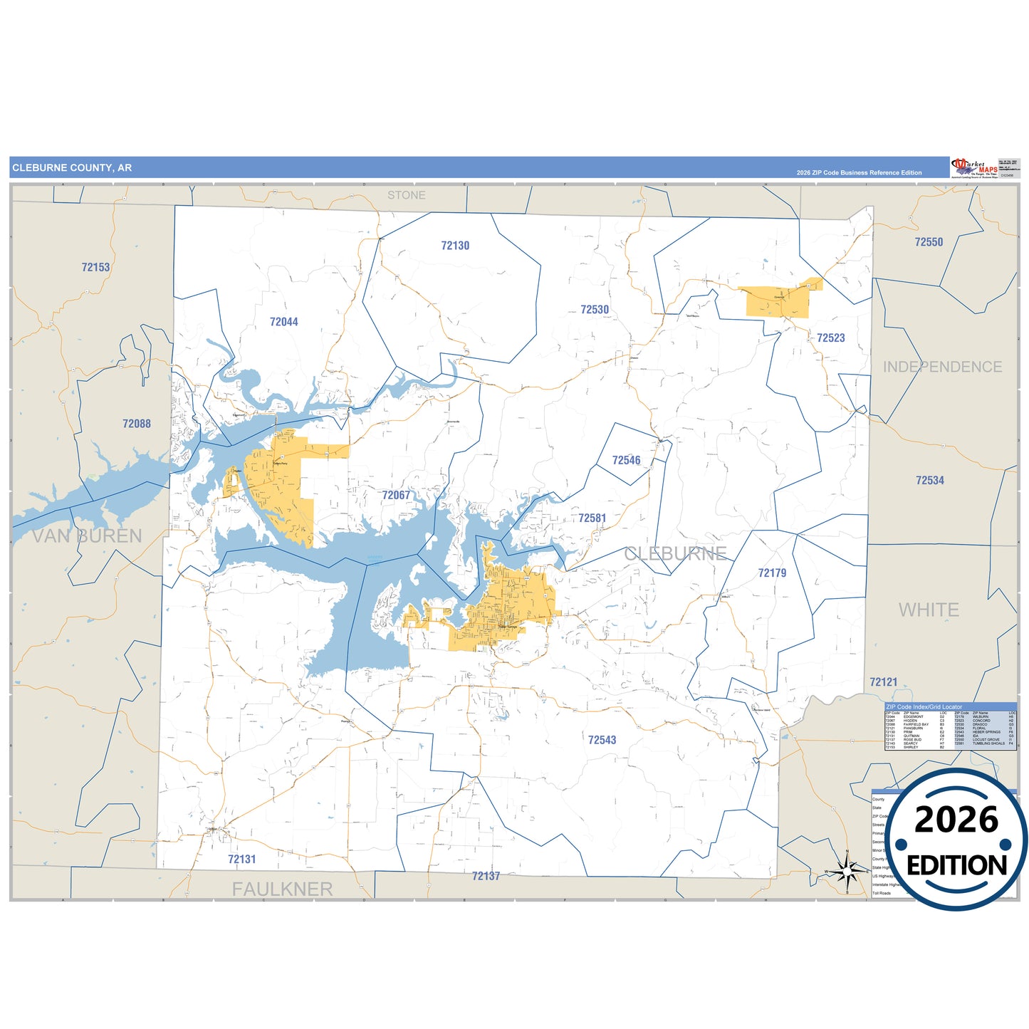 Cleburne County, AR Business Reference 5 Digit ZIP Code Wall Map