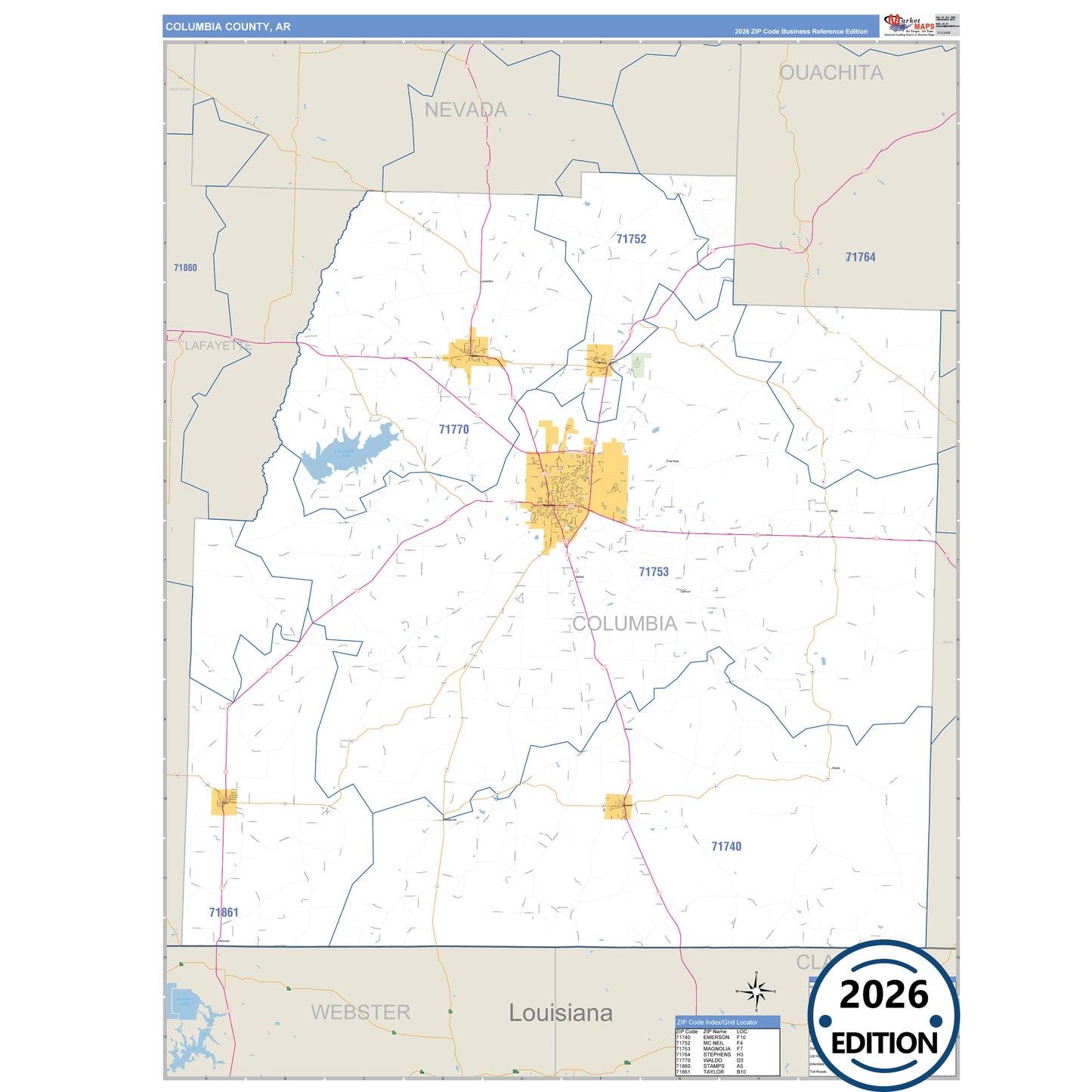 Columbia County, AR Business Reference 5 Digit ZIP Code Wall Map