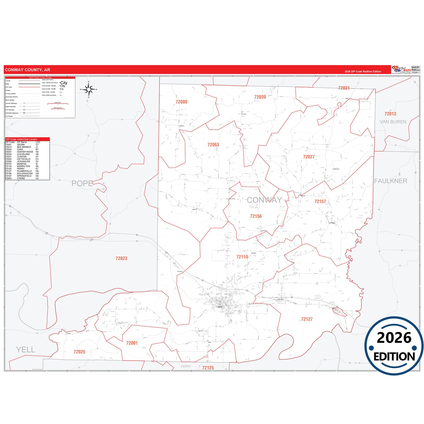 Conway County, AR Red Line 5 Digit ZIP Code Wall Map