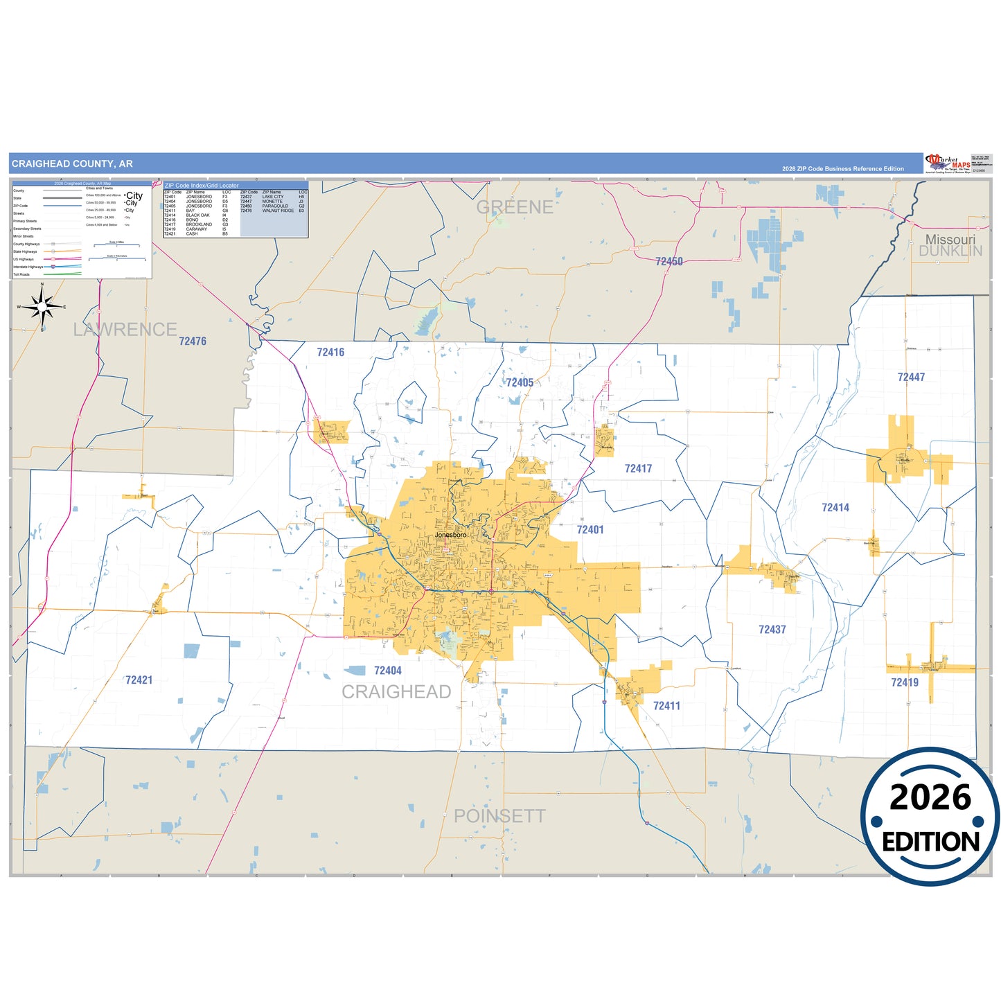 Craighead County, AR Business Reference 5 Digit ZIP Code Wall Map