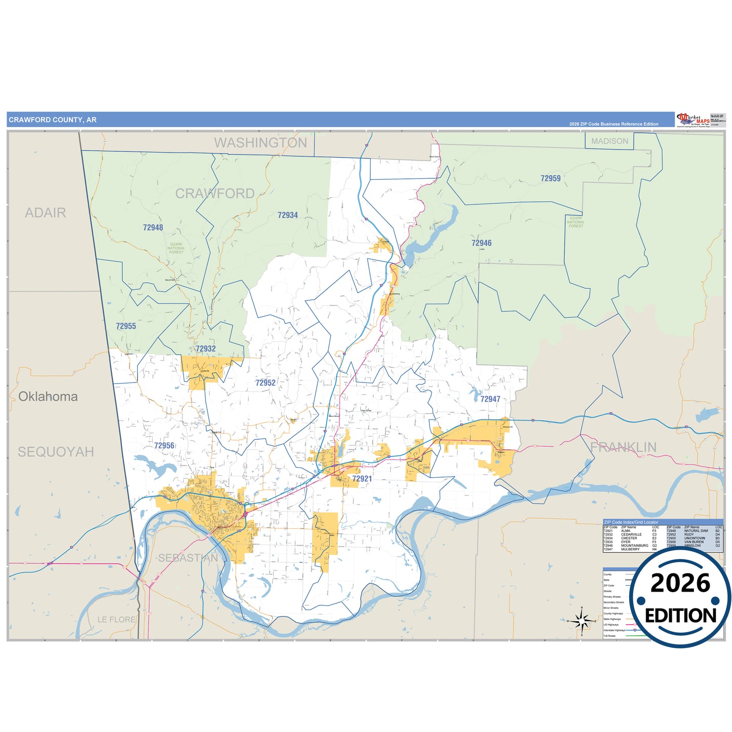 Crawford County, AR Business Reference 5 Digit ZIP Code Wall Map
