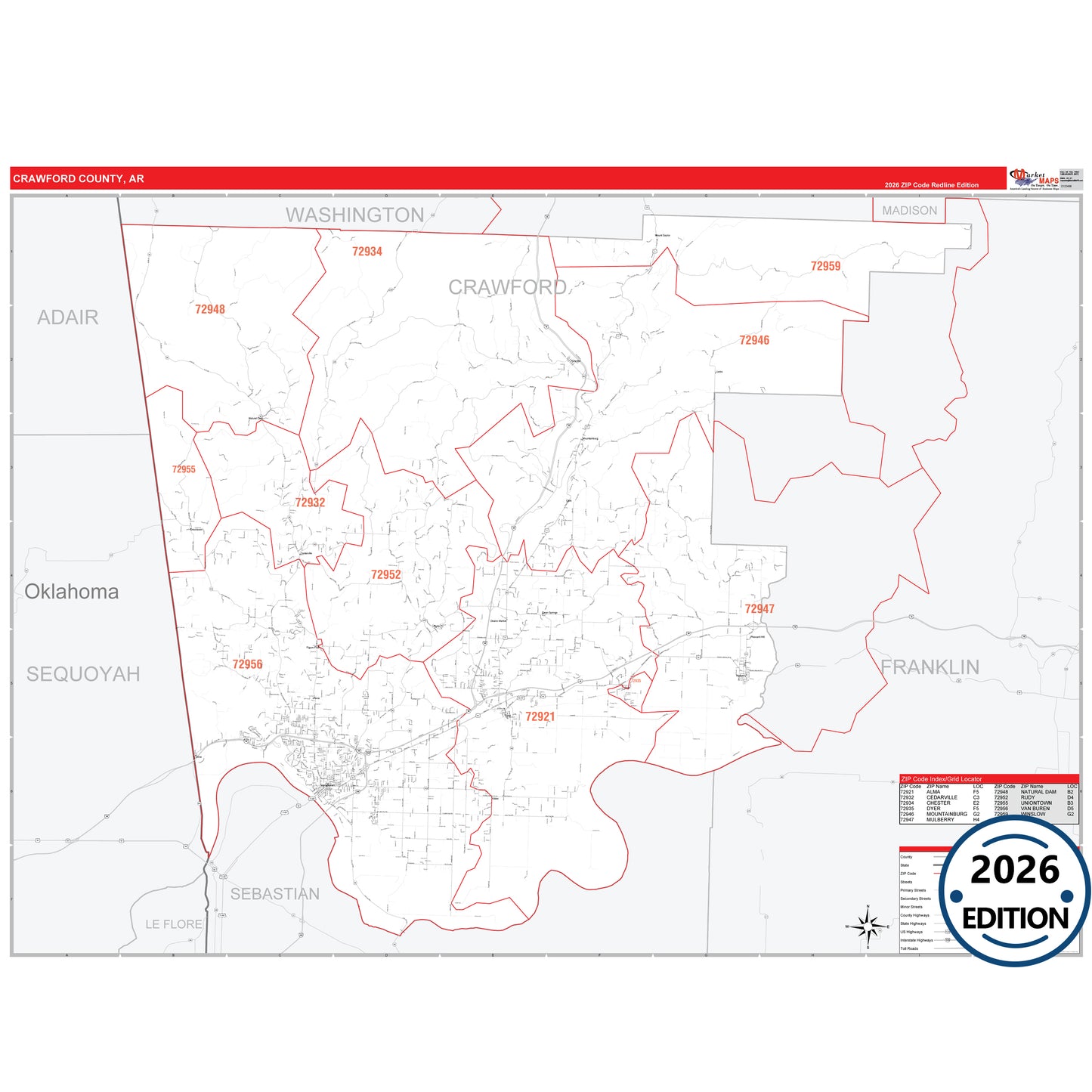 Crawford County, AR Red Line 5 Digit ZIP Code Wall Map