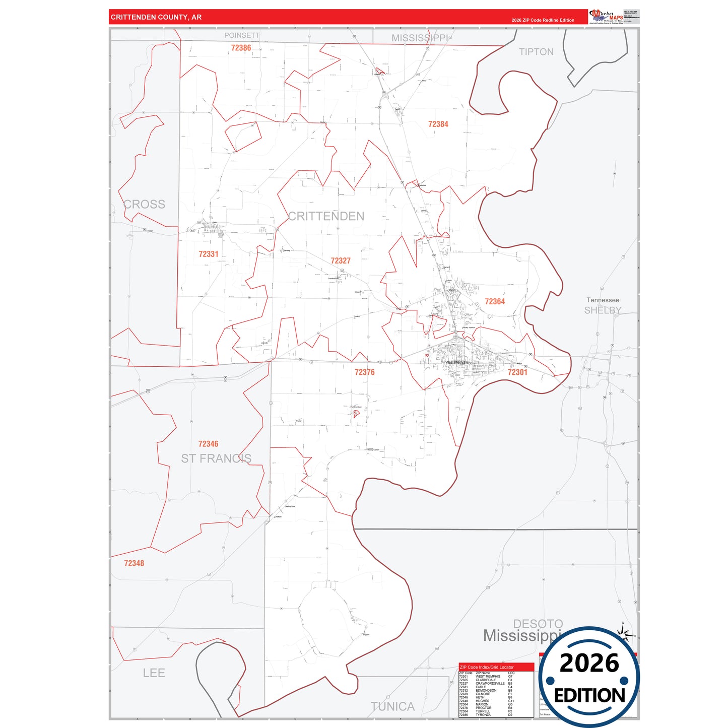 Crittenden County, AR Red Line 5 Digit ZIP Code Wall Map