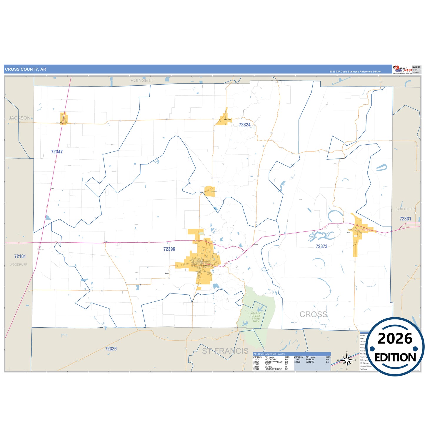Cross County, AR Business Reference 5 Digit ZIP Code Wall Map