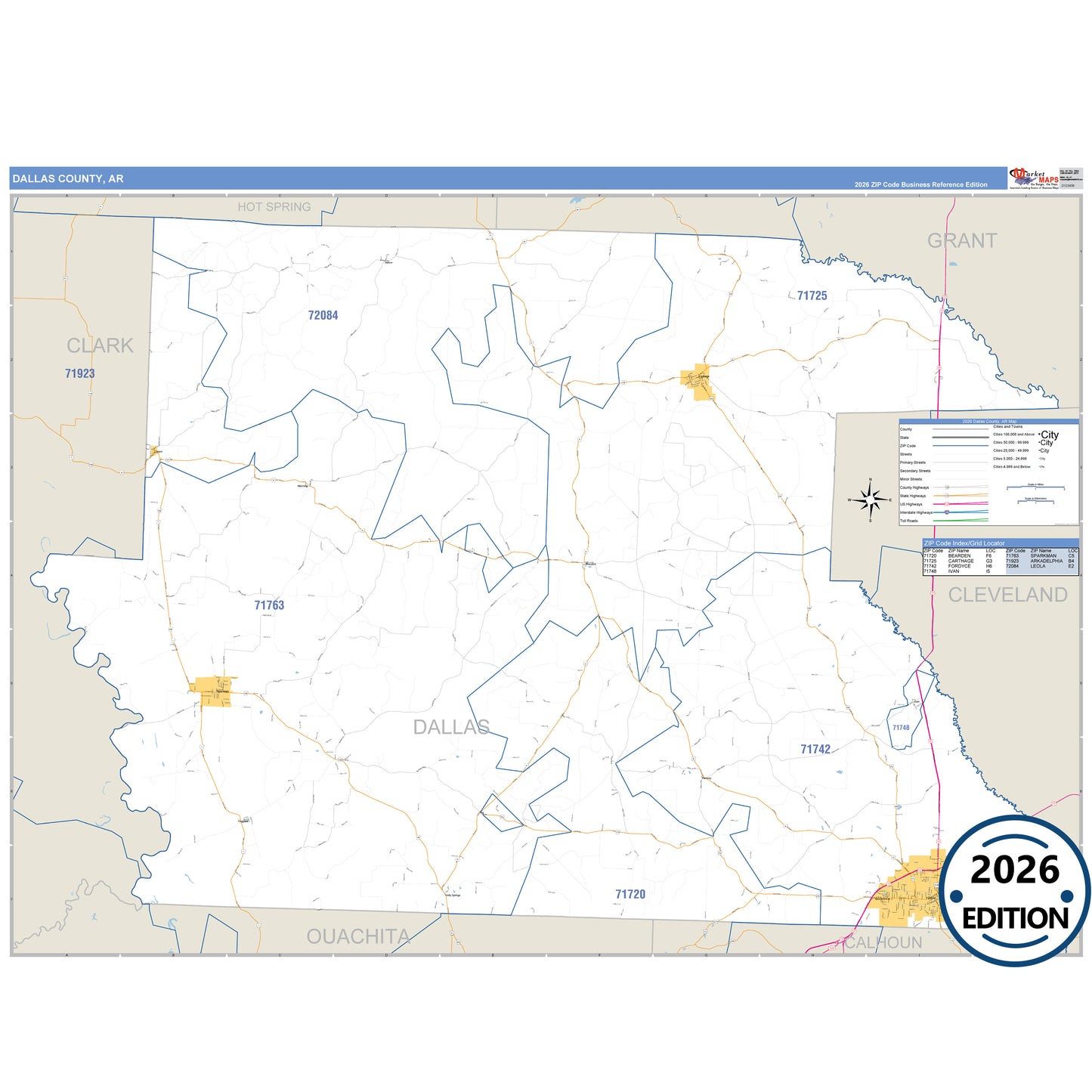 Dallas County, AR Business Reference 5 Digit ZIP Code Wall Map