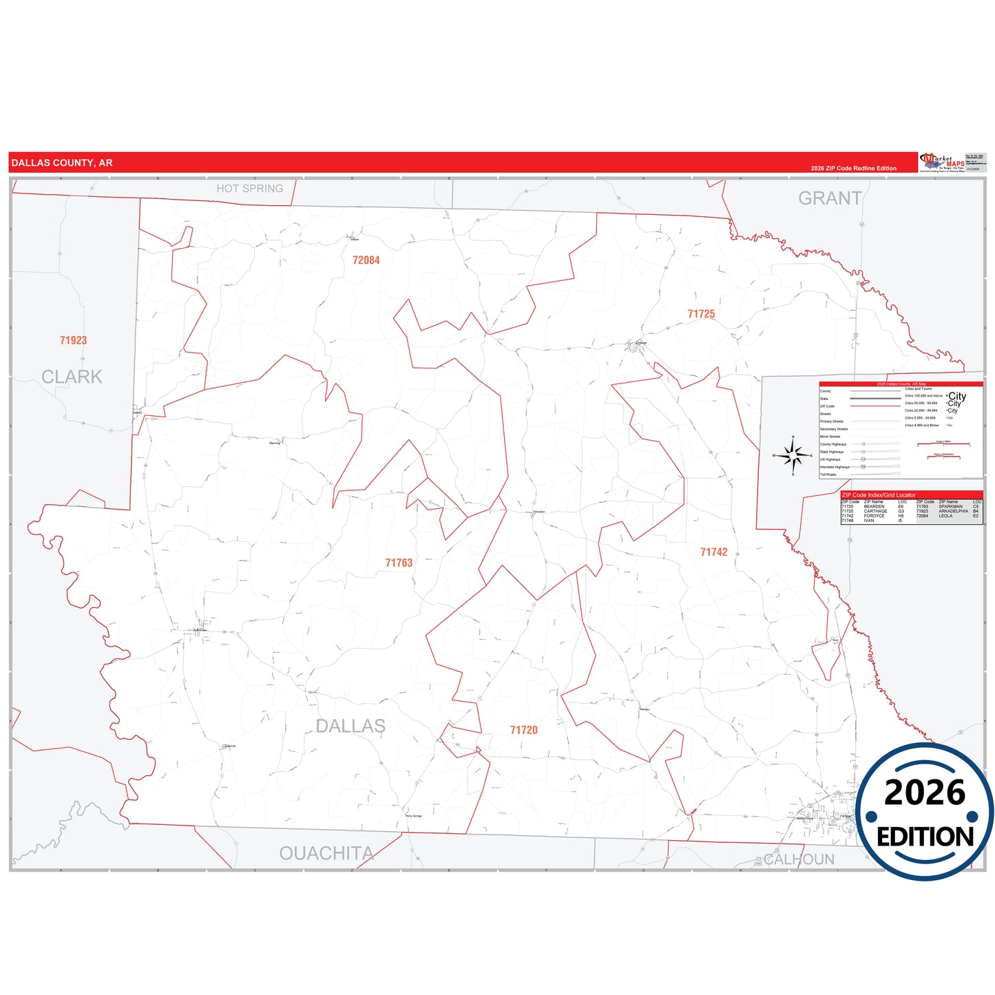 Dallas County, AR Red Line 5 Digit ZIP Code Wall Map
