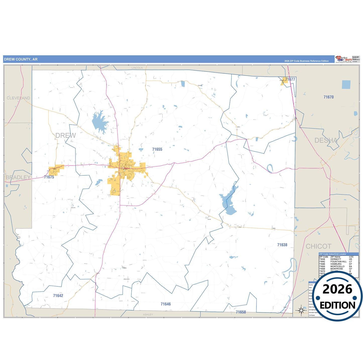 Drew County, AR Business Reference 5 Digit ZIP Code Wall Map