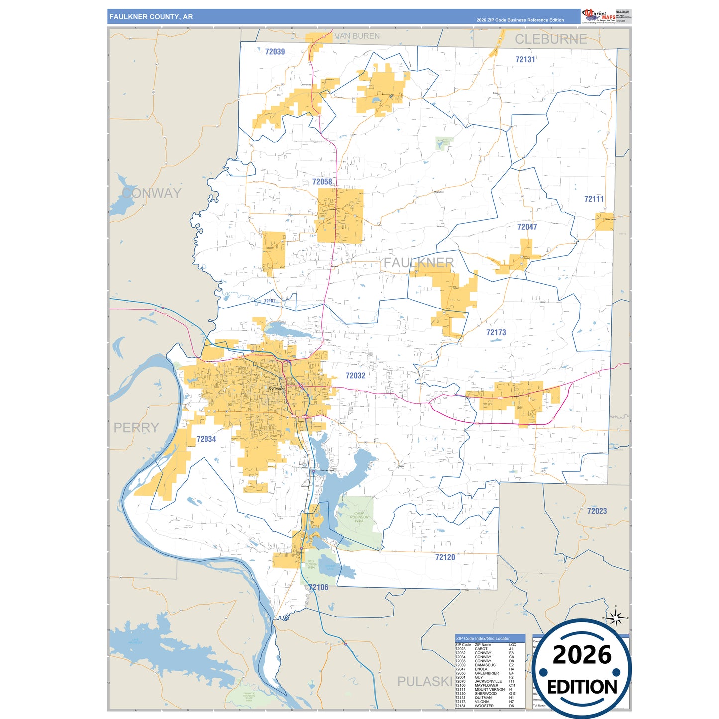 Faulkner County, AR Business Reference 5 Digit ZIP Code Wall Map
