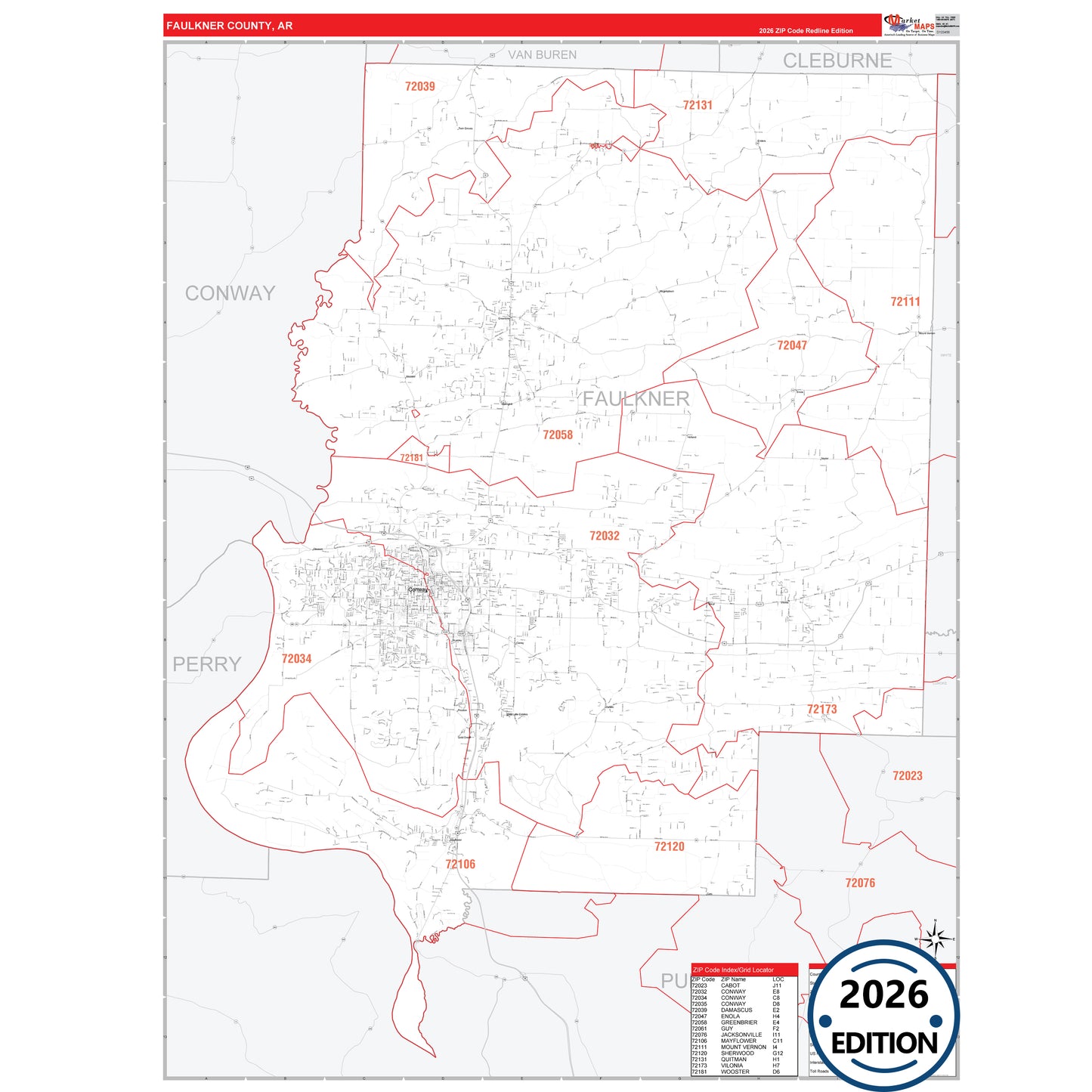 Faulkner County, AR Red Line 5 Digit ZIP Code Wall Map
