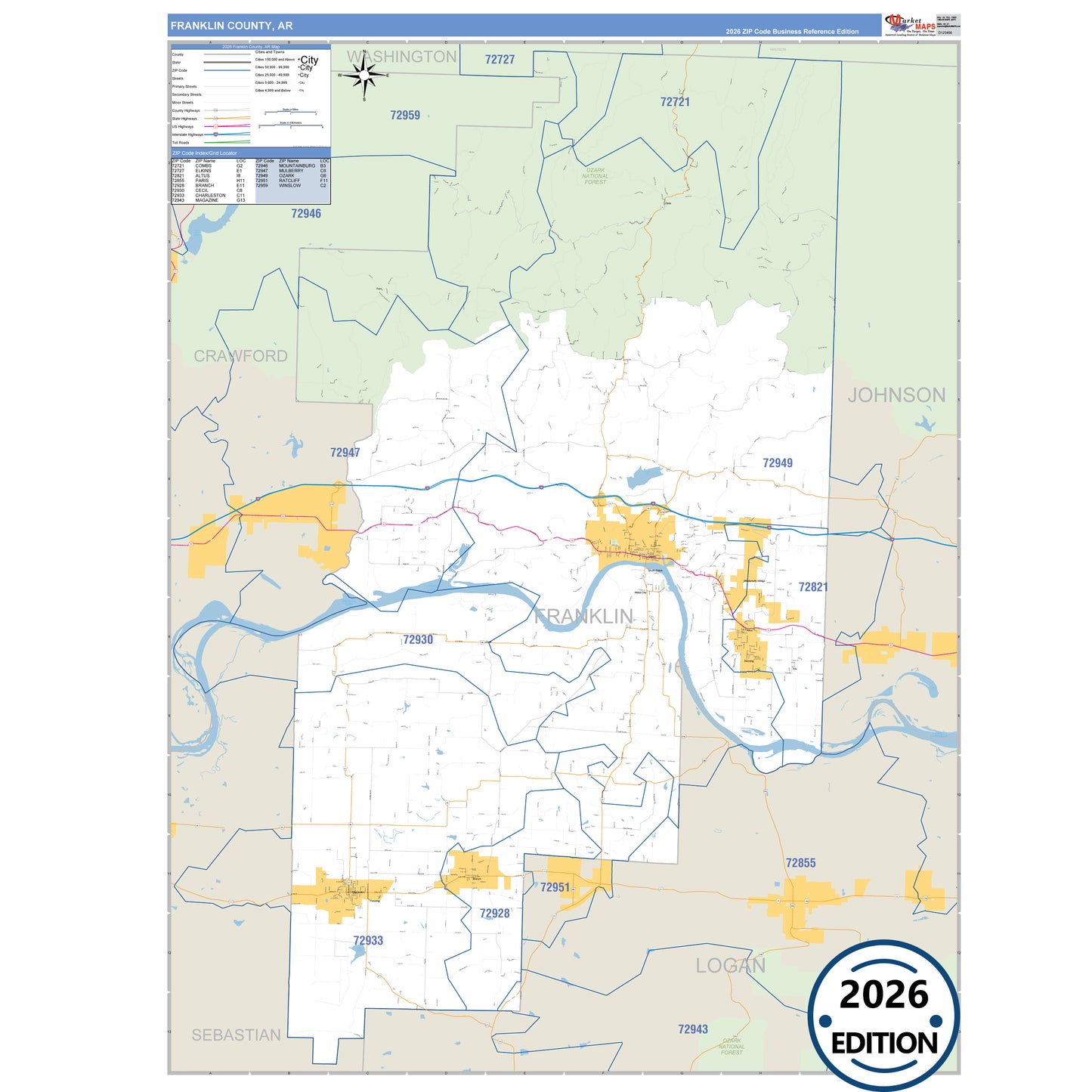 Franklin County, AR Business Reference 5 Digit ZIP Code Wall Map